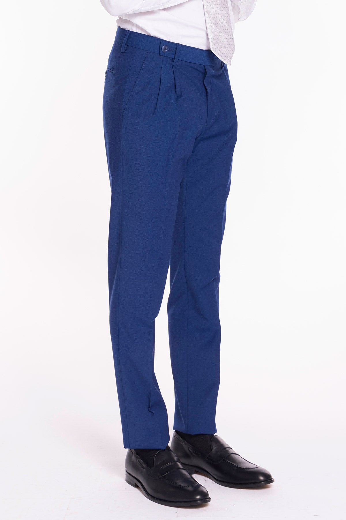 Pantalone uomo royal blu chiusura prolungata doppia pinces in fresco lana misto