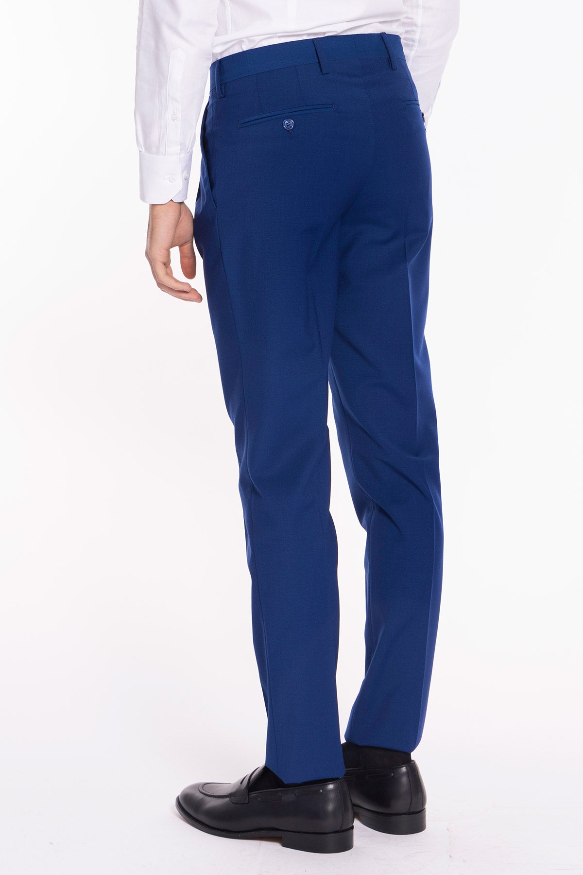 Pantalone uomo royal blu chiusura prolungata doppia pinces in fresco lana misto