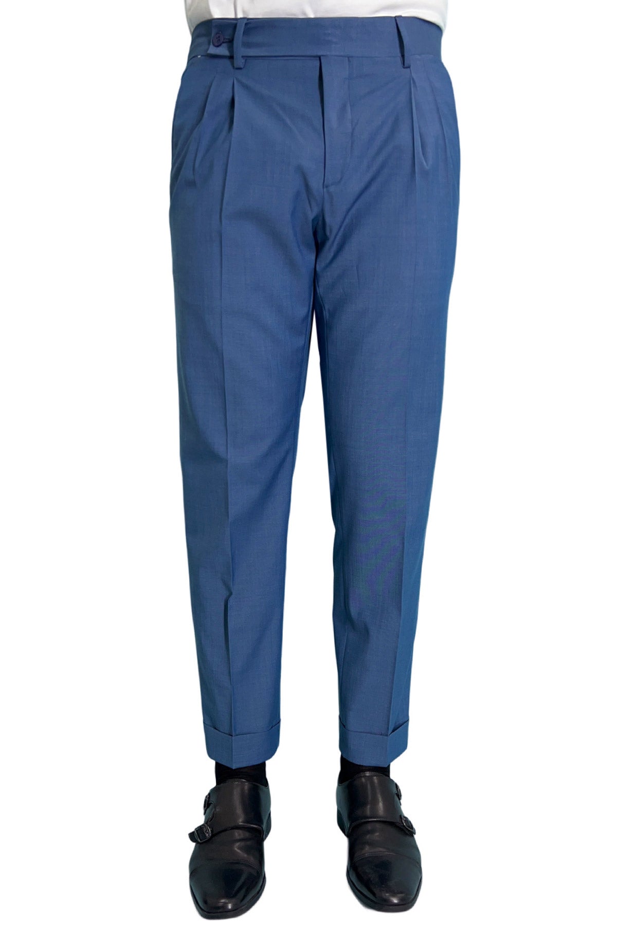 Pantalone uomo color denim chiusura prolungata doppia pinces in fresco lana misto