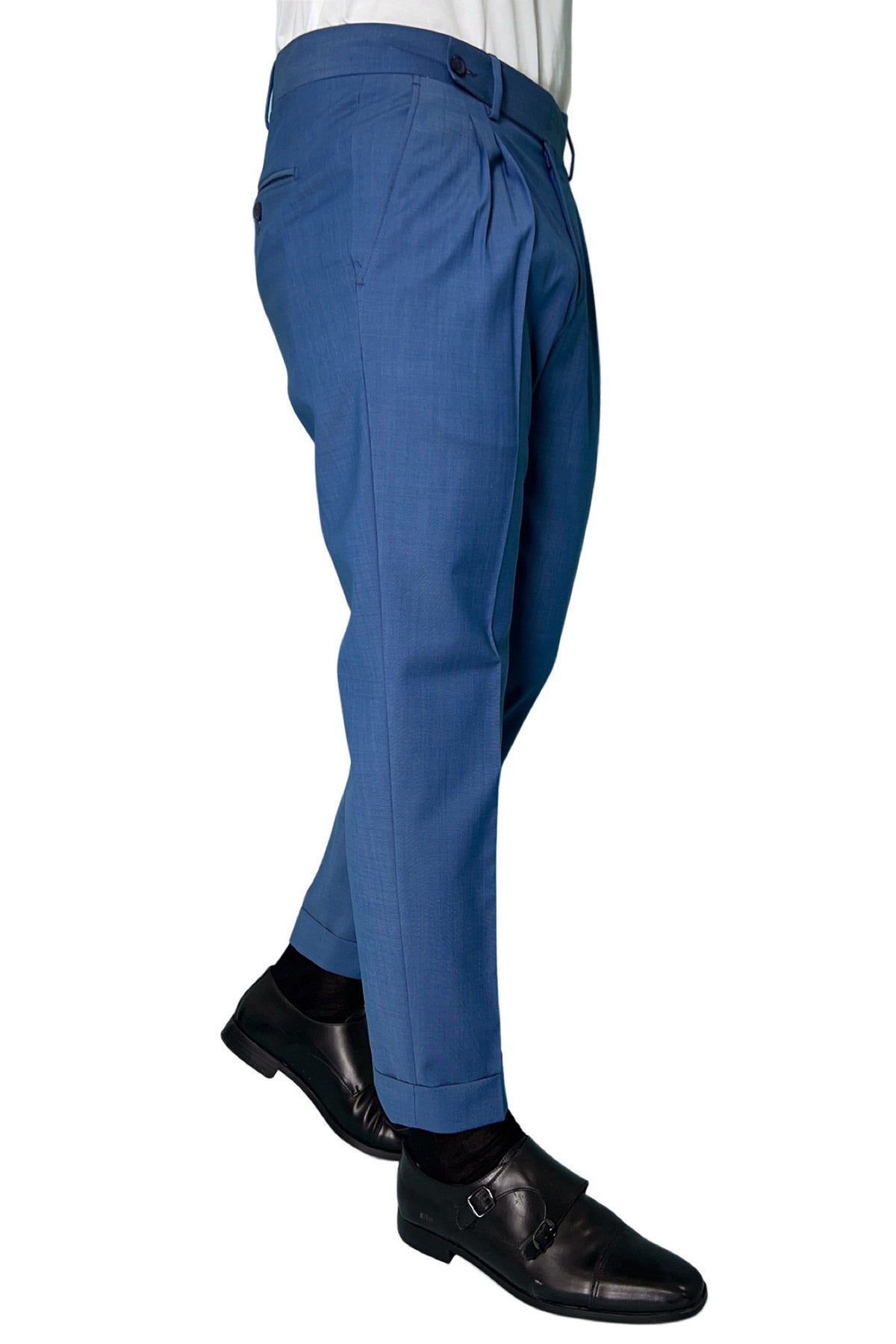 Pantalone uomo color denim chiusura prolungata doppia pinces in fresco lana misto