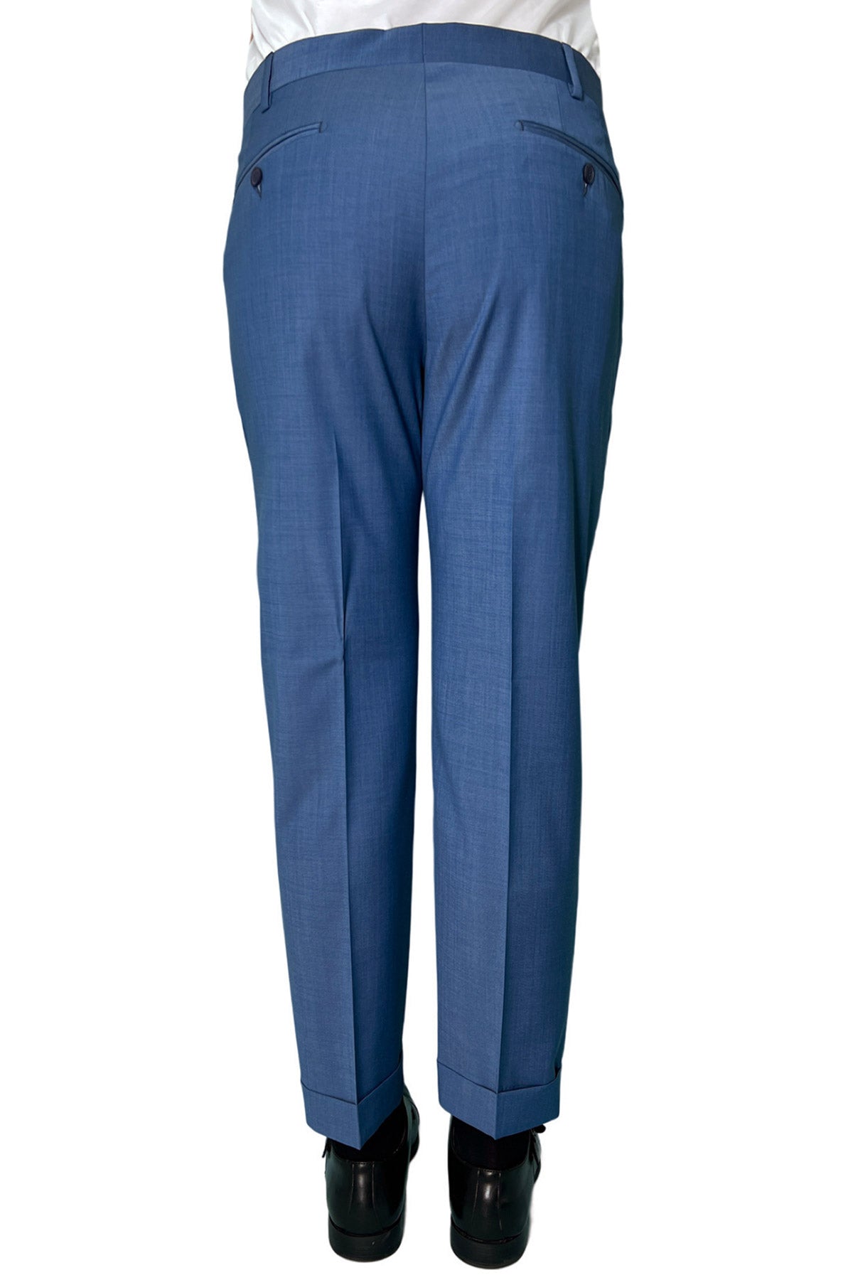Pantalone uomo color denim chiusura prolungata doppia pinces in fresco lana misto