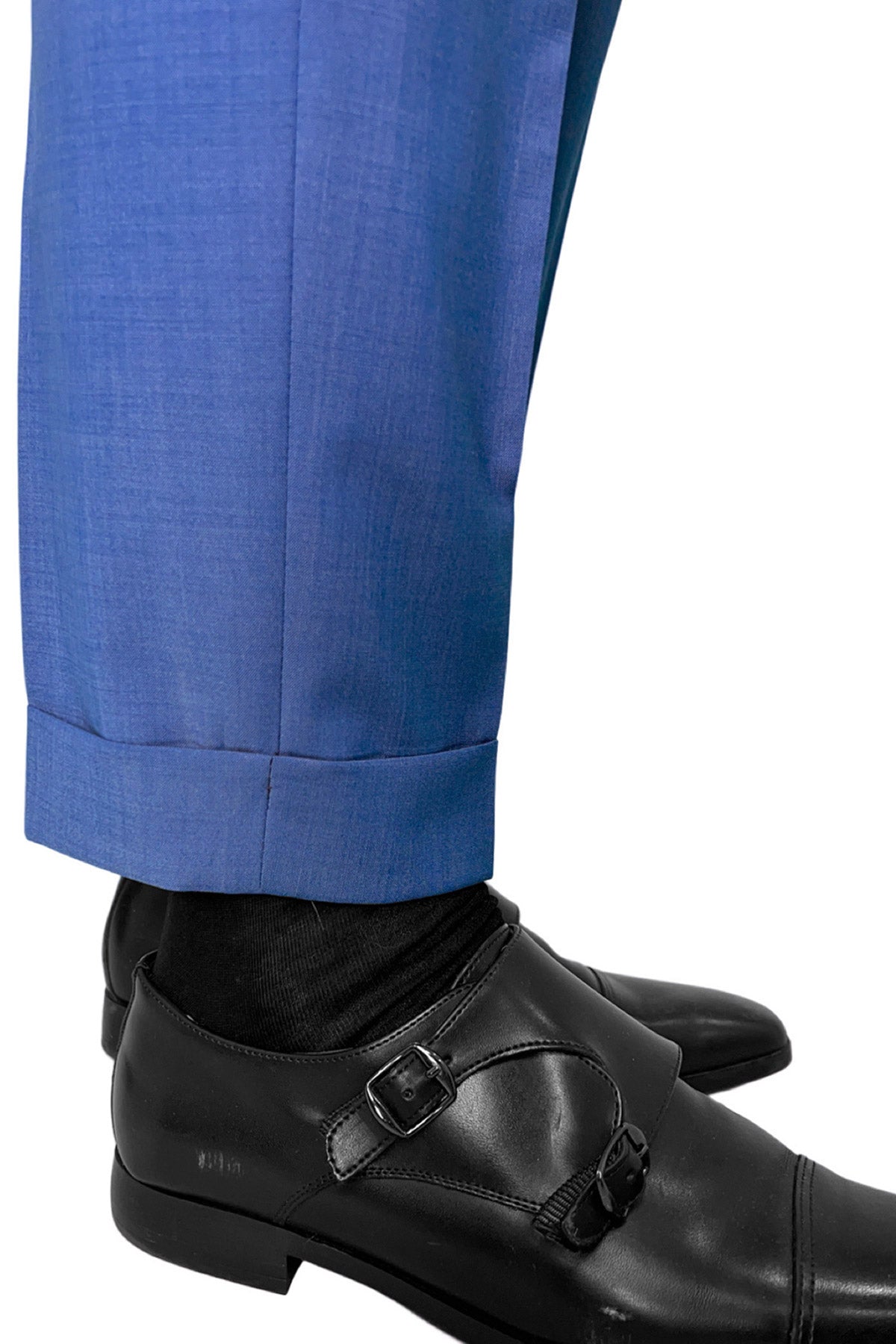 Pantalone uomo color denim chiusura prolungata doppia pinces in fresco lana misto