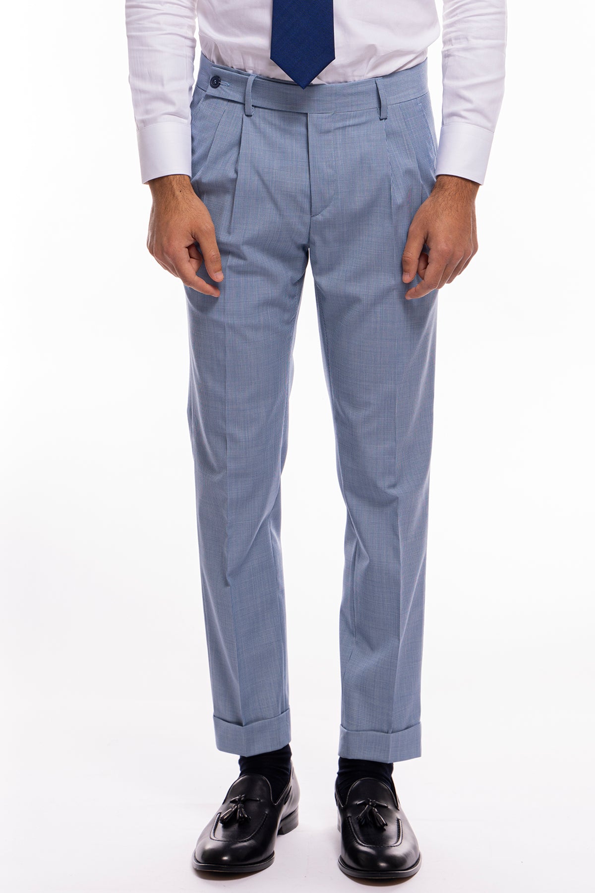 Pantalone uomo Azzurro fantasia pied de poule chiusura prolungata doppia pinces in fresco lana misto