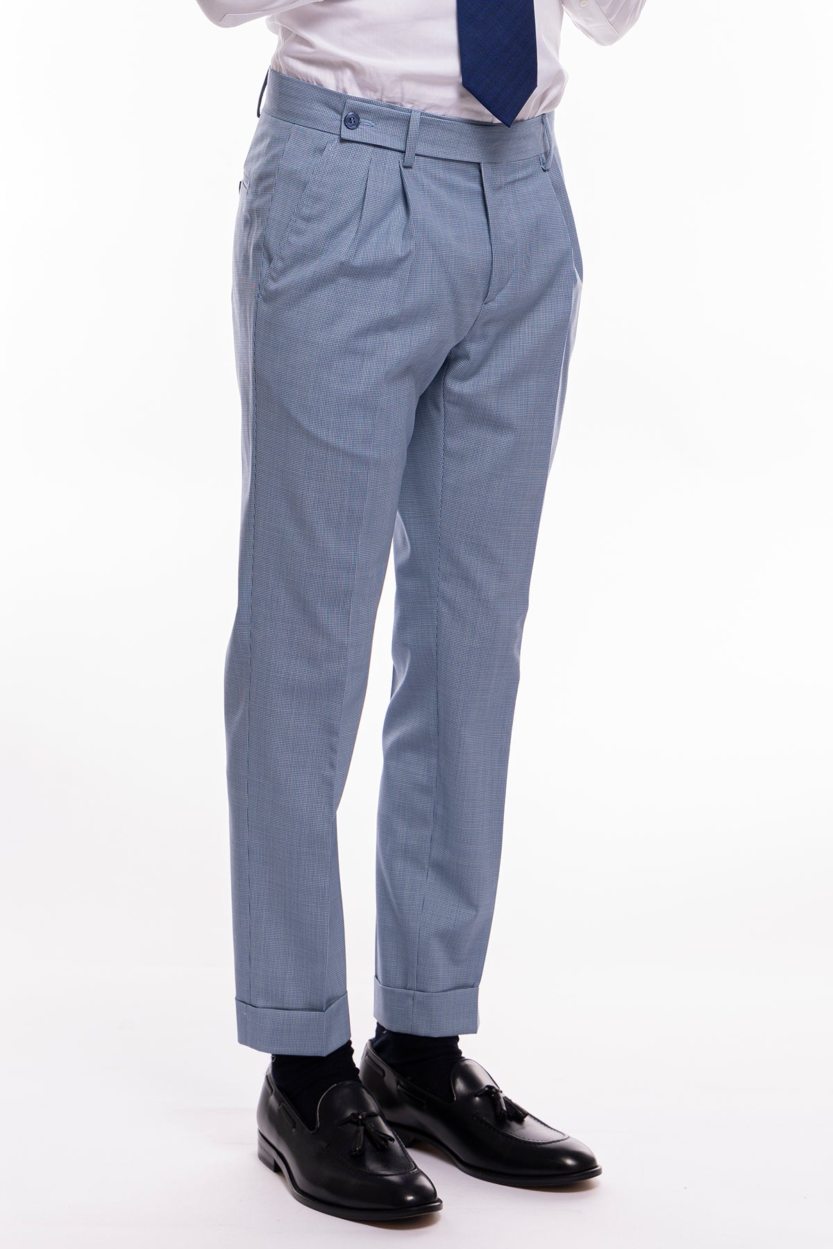 Pantalone uomo Azzurro fantasia pied de poule chiusura prolungata doppia pinces in fresco lana misto