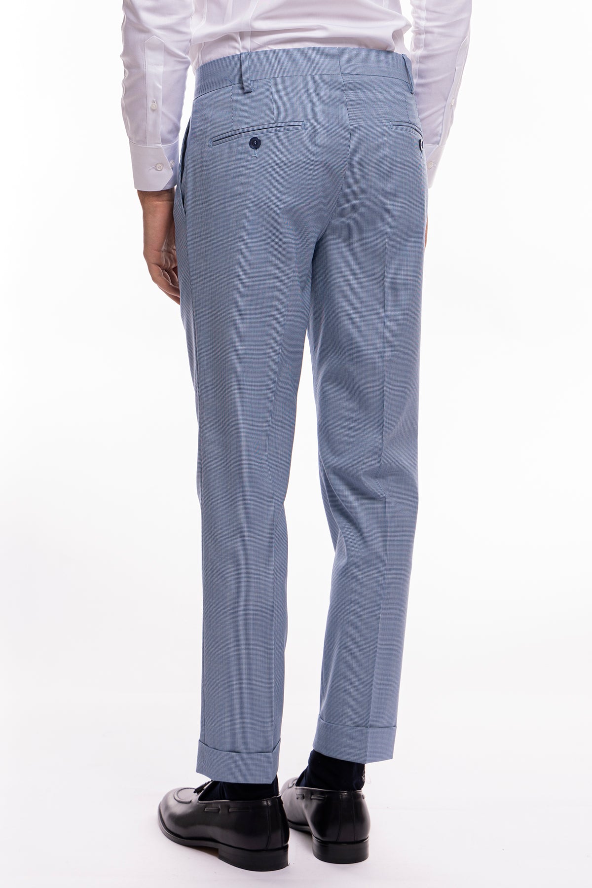 Pantalone uomo Azzurro fantasia pied de poule chiusura prolungata doppia pinces in fresco lana misto