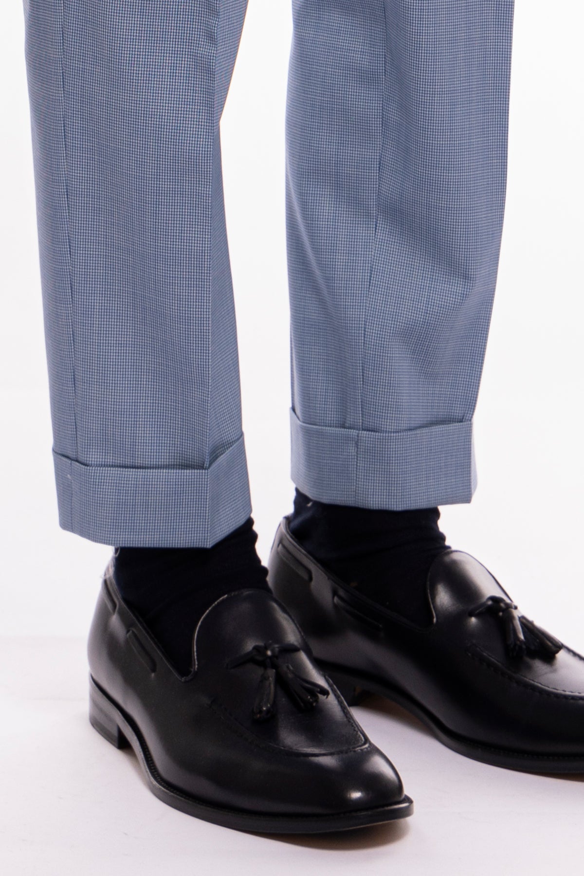 Pantalone uomo Azzurro fantasia pied de poule chiusura prolungata doppia pinces in fresco lana misto