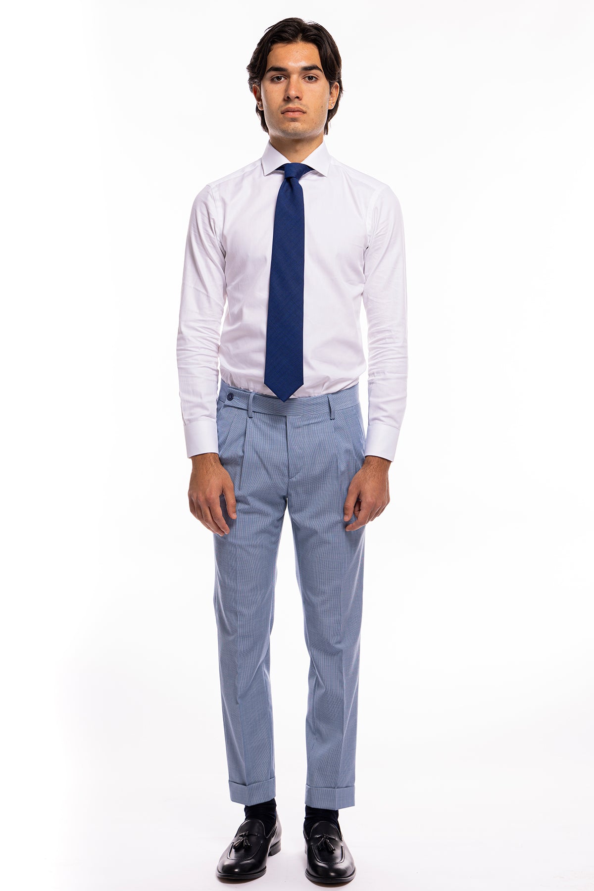 Pantalone uomo Azzurro fantasia pied de poule chiusura prolungata doppia pinces in fresco lana misto