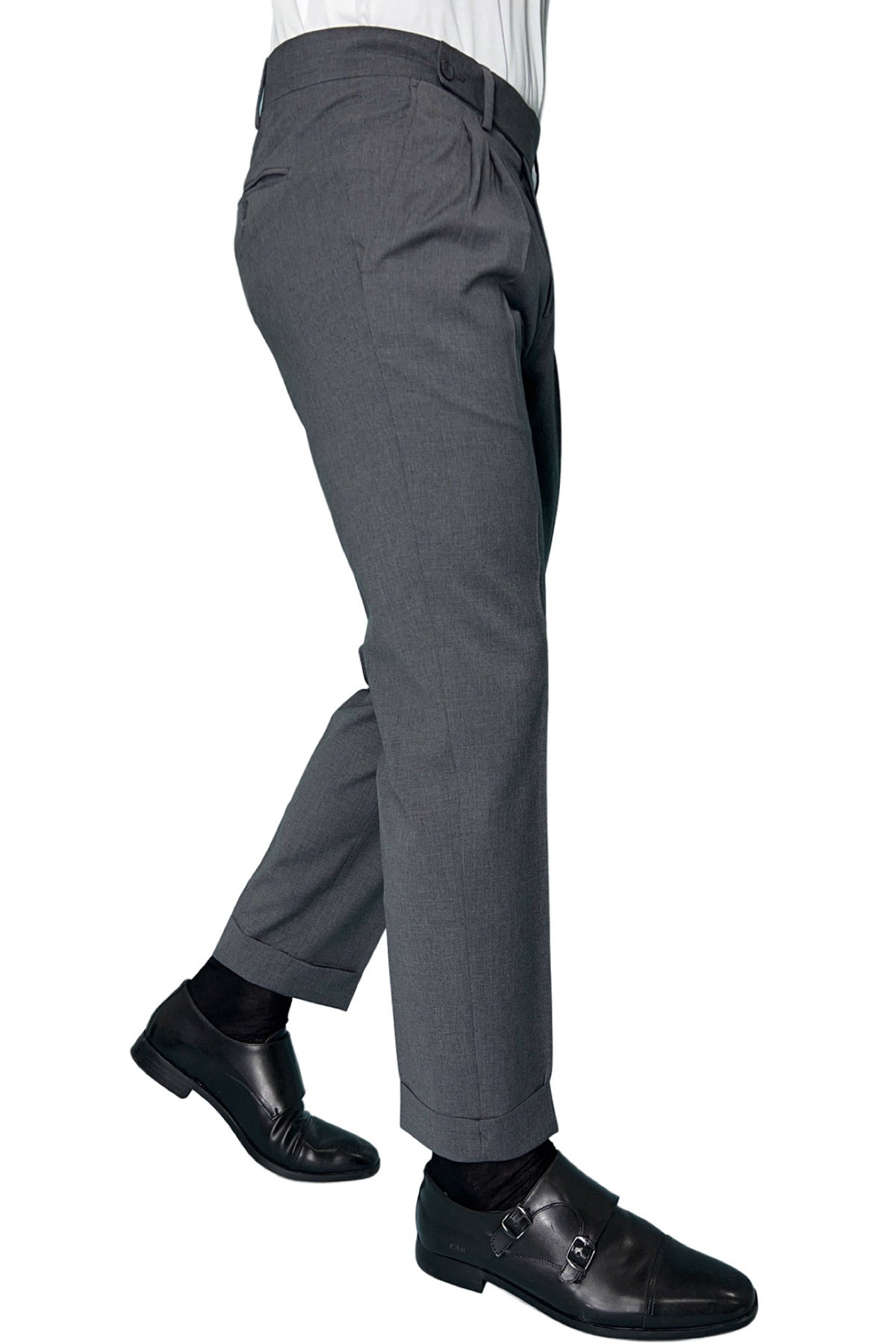 Pantalone uomo grigio scuro chiusura prolungata doppia pinces in fresco lana misto