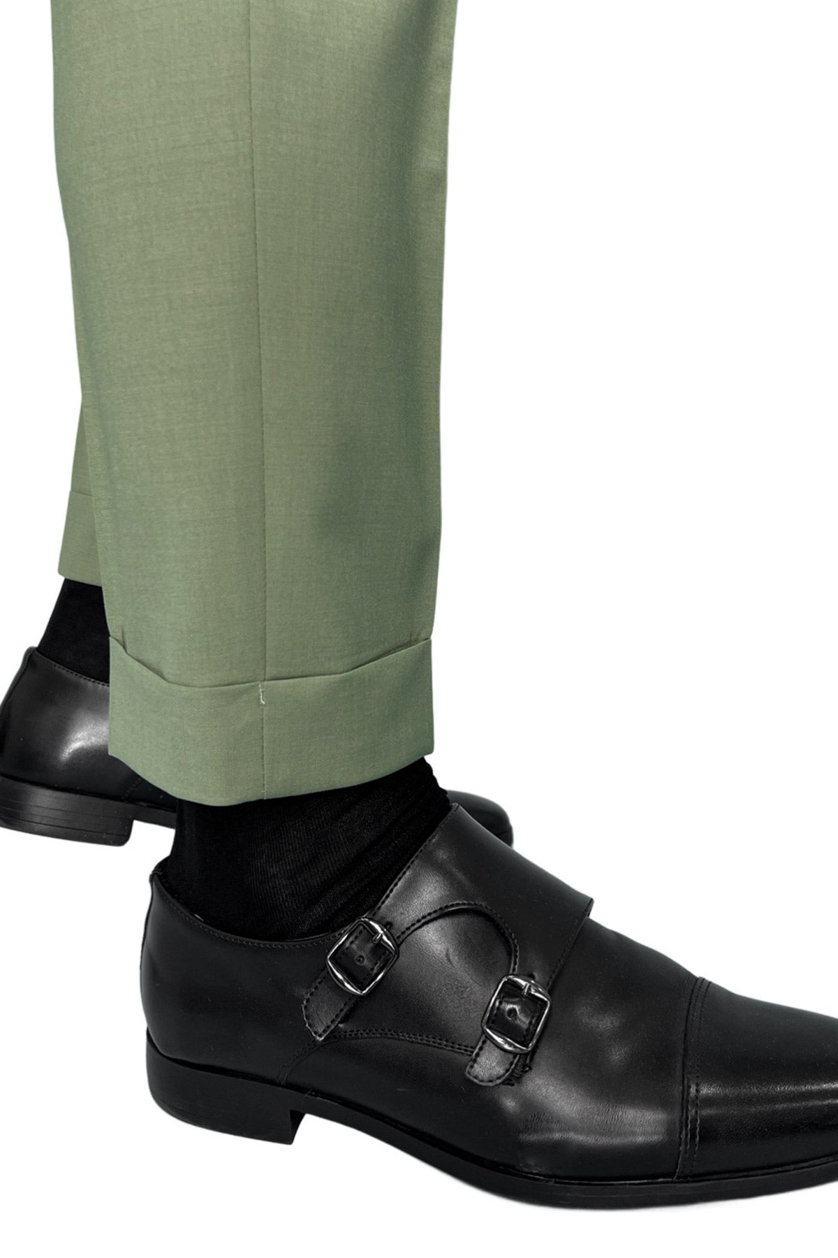 Pantalone uomo verde salvia chiusura prolungata doppia pinces in fresco lana misto