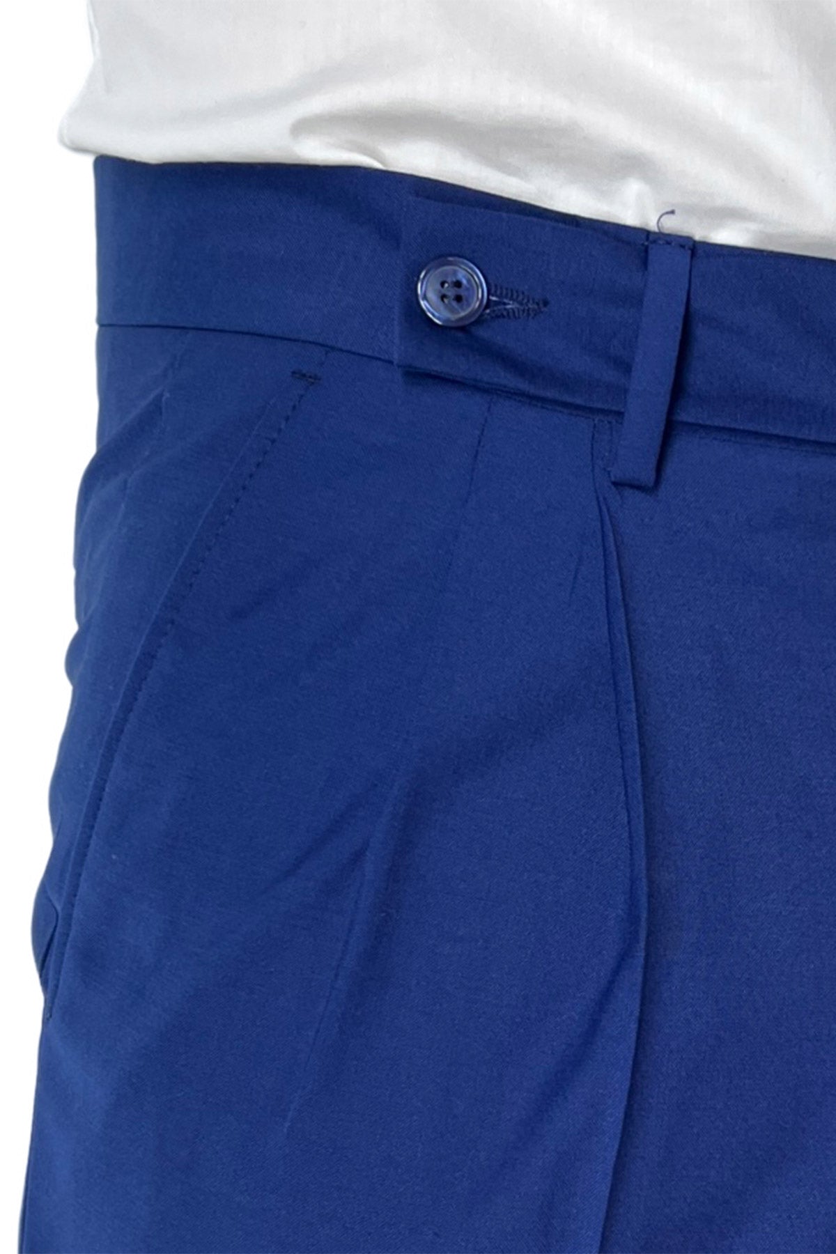 Bermuda uomo royal blu chiusura prolungata doppia pinces in fresco lana misto