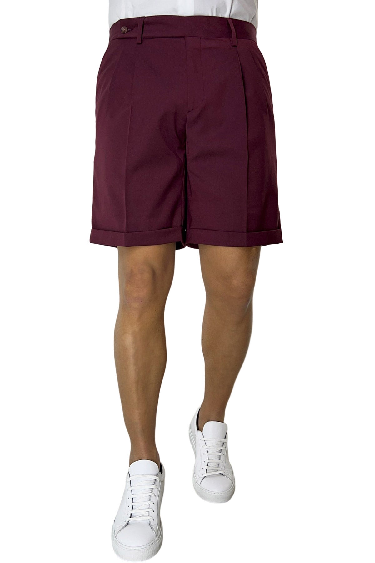Bermuda uomo bordeaux chiusura prolungata doppia pinces in fresco lana misto