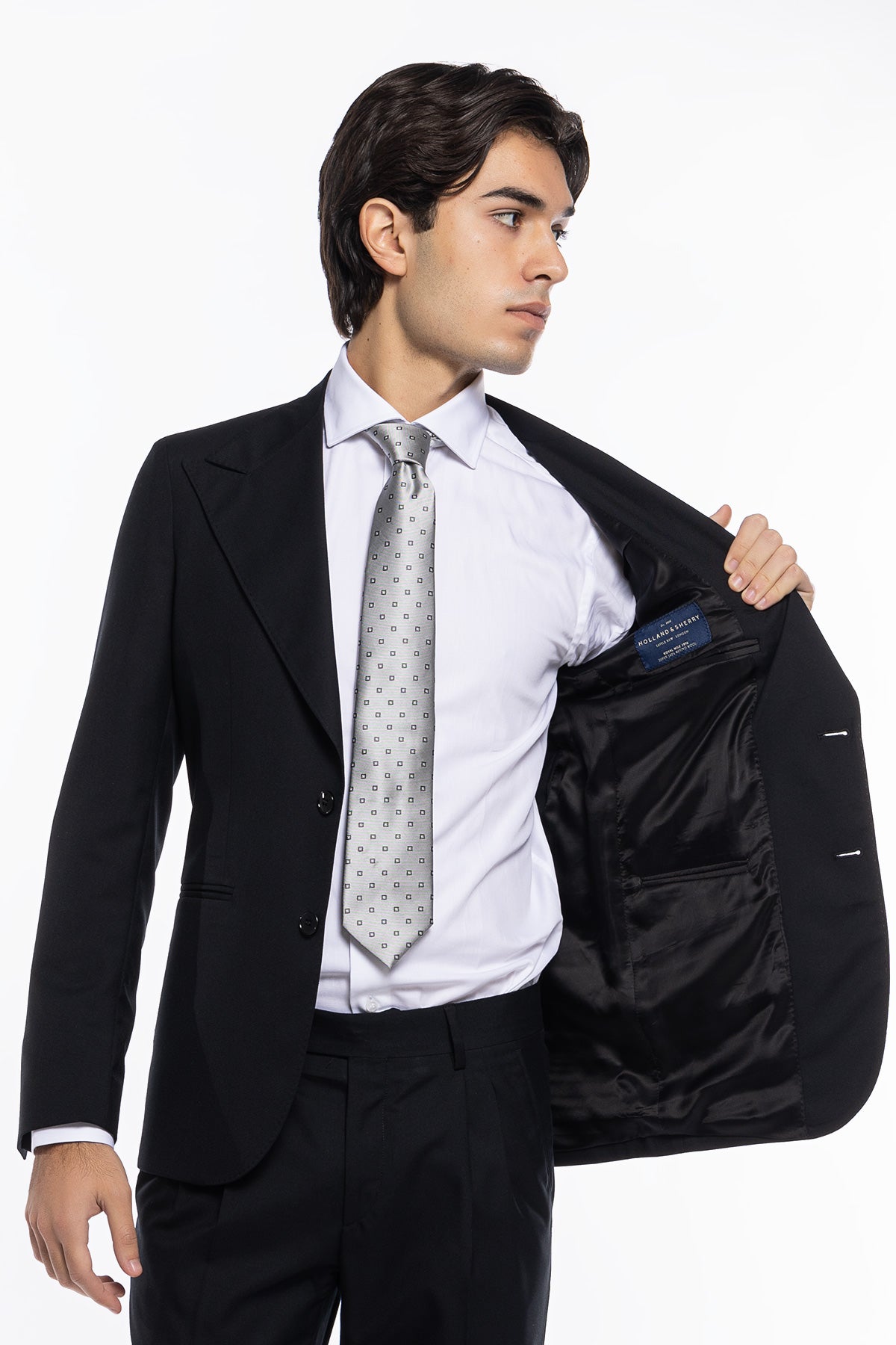 Abito uomo monopetto nera fresco lana super 140's Holland & Sherry Rever a lancia
