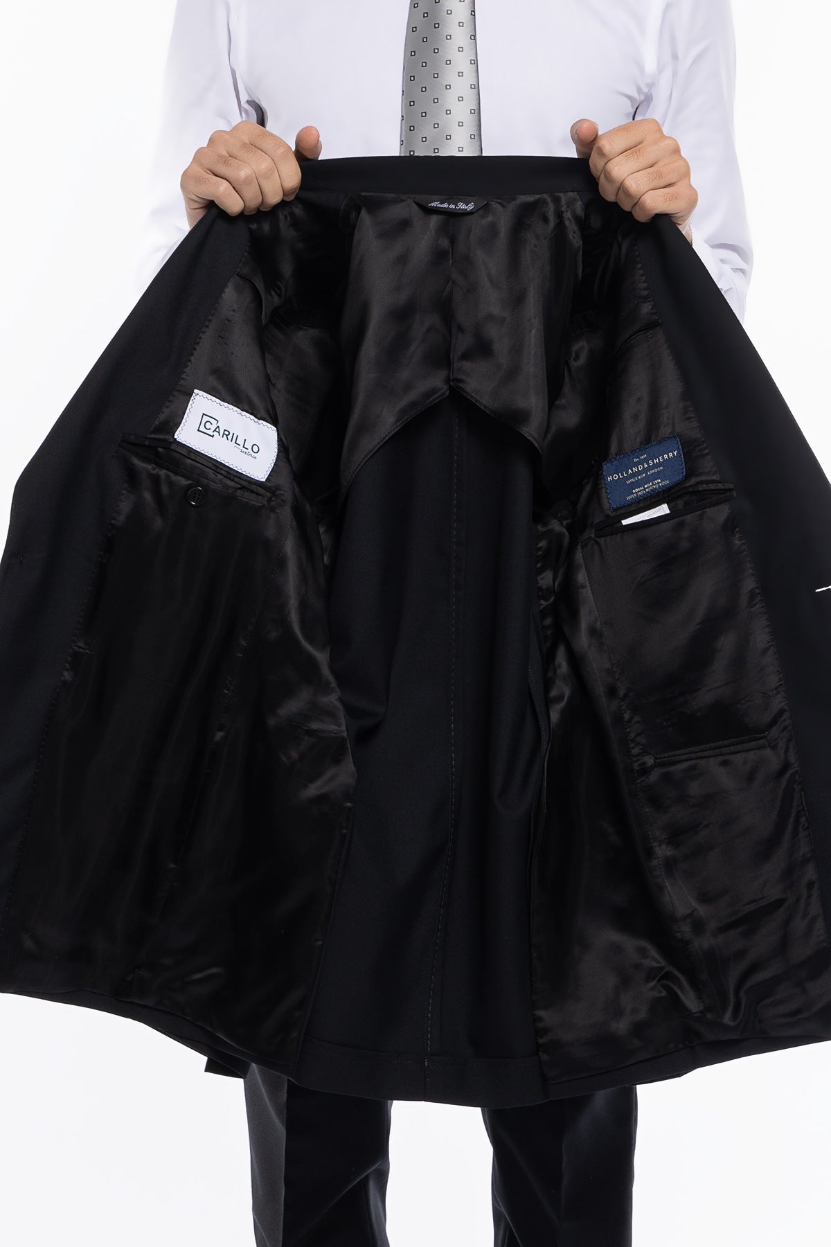 Giacca uomo monopetto nera fresco lana super 140's Holland & Sherry Rever a lancia