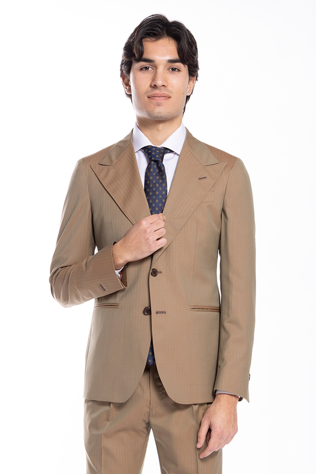 Giacca uomo monopetto fango Solaro fresco lana super 100's e seta Holland &amp; Sherry Rever a lancia