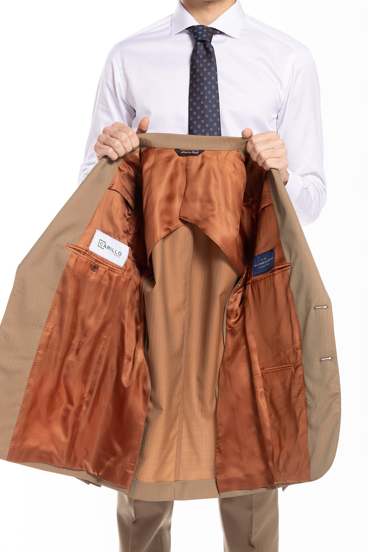 Giacca uomo monopetto fango Solaro fresco lana super 100's e seta Holland & Sherry Rever a lancia