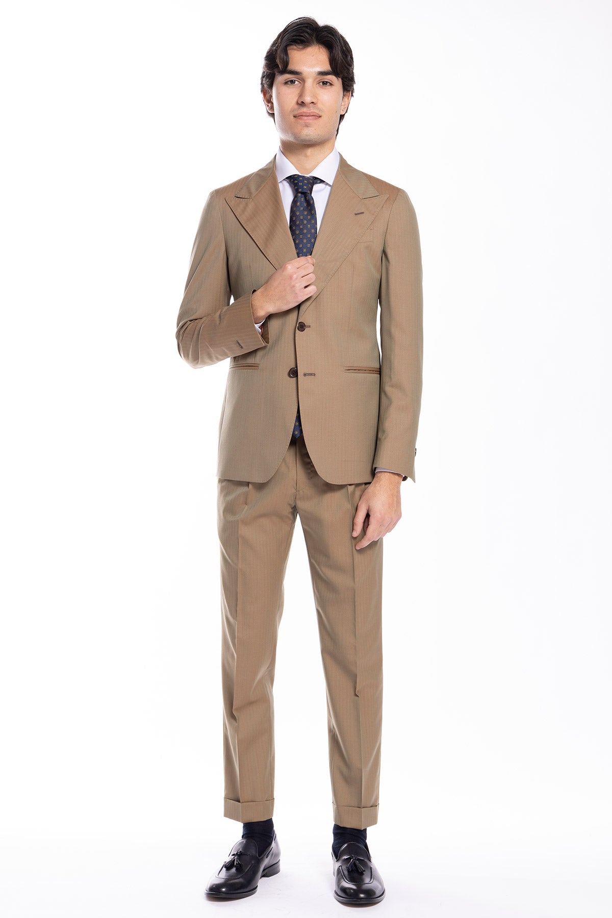 Giacca uomo monopetto fango Solaro fresco lana super 100's e seta Holland &amp; Sherry Rever a lancia