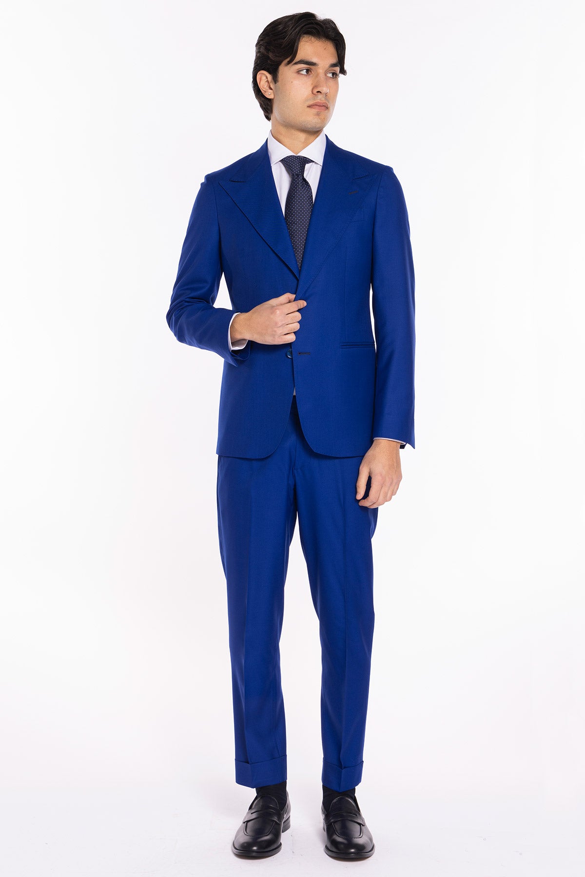 Abito uomo monopetto royal blu fresco lana super 140's Holland & Sherry Rever a lancia