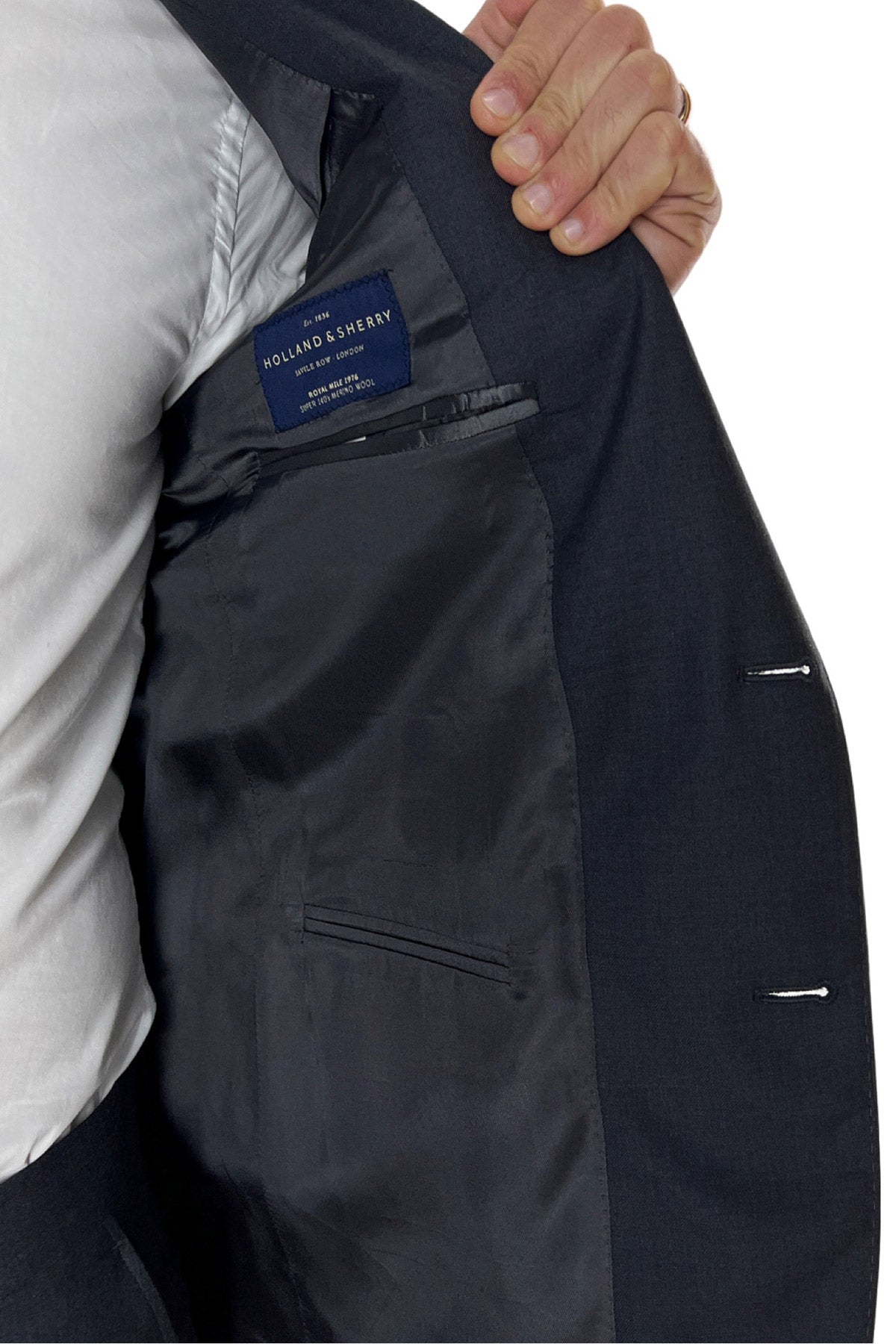 Abito uomo monopetto grigio scuro fresco lana super 140's Holland & Sherry Rever a lancia
