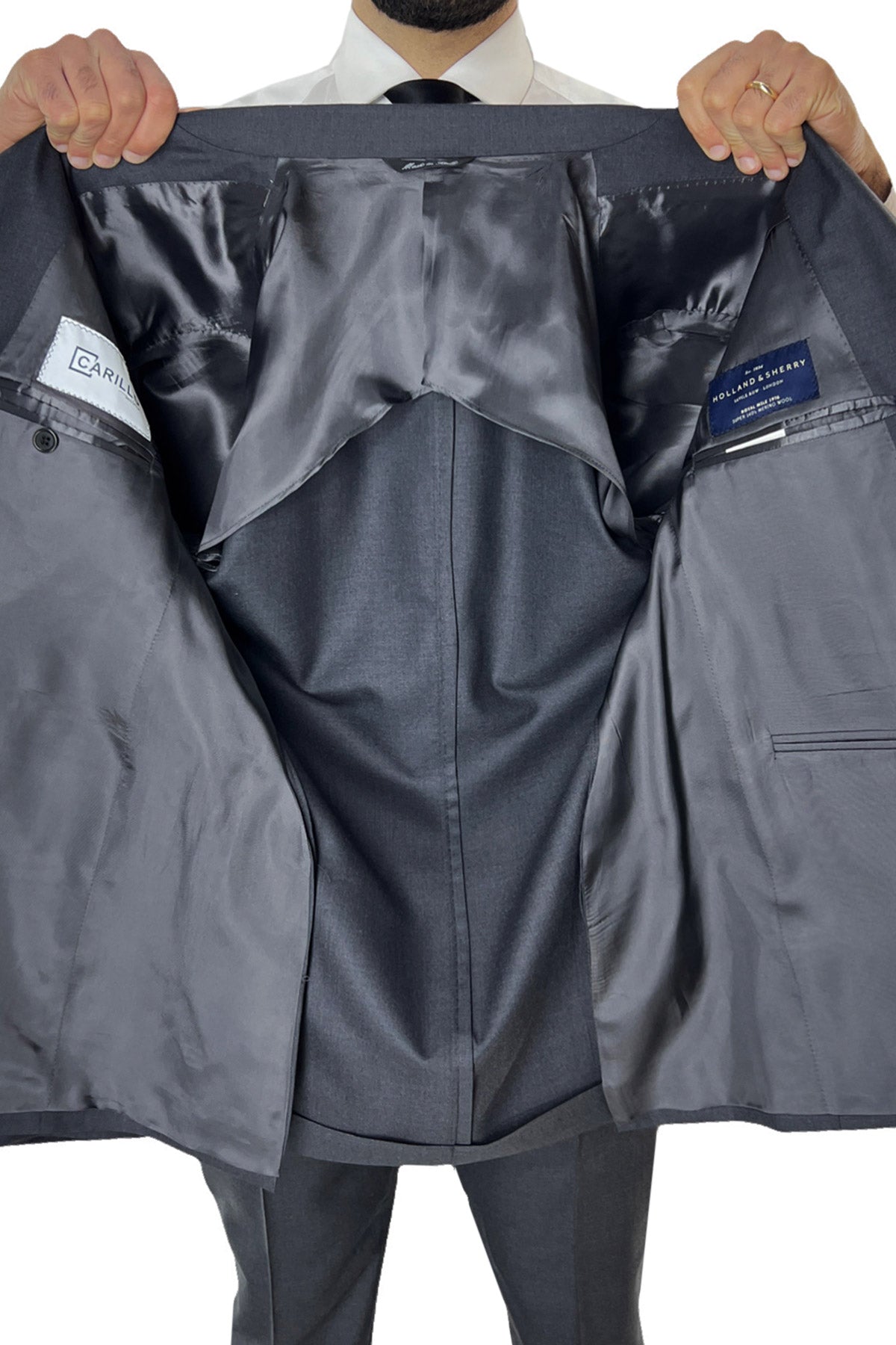 Abito uomo monopetto grigio scuro fresco lana super 140's Holland & Sherry Rever a lancia