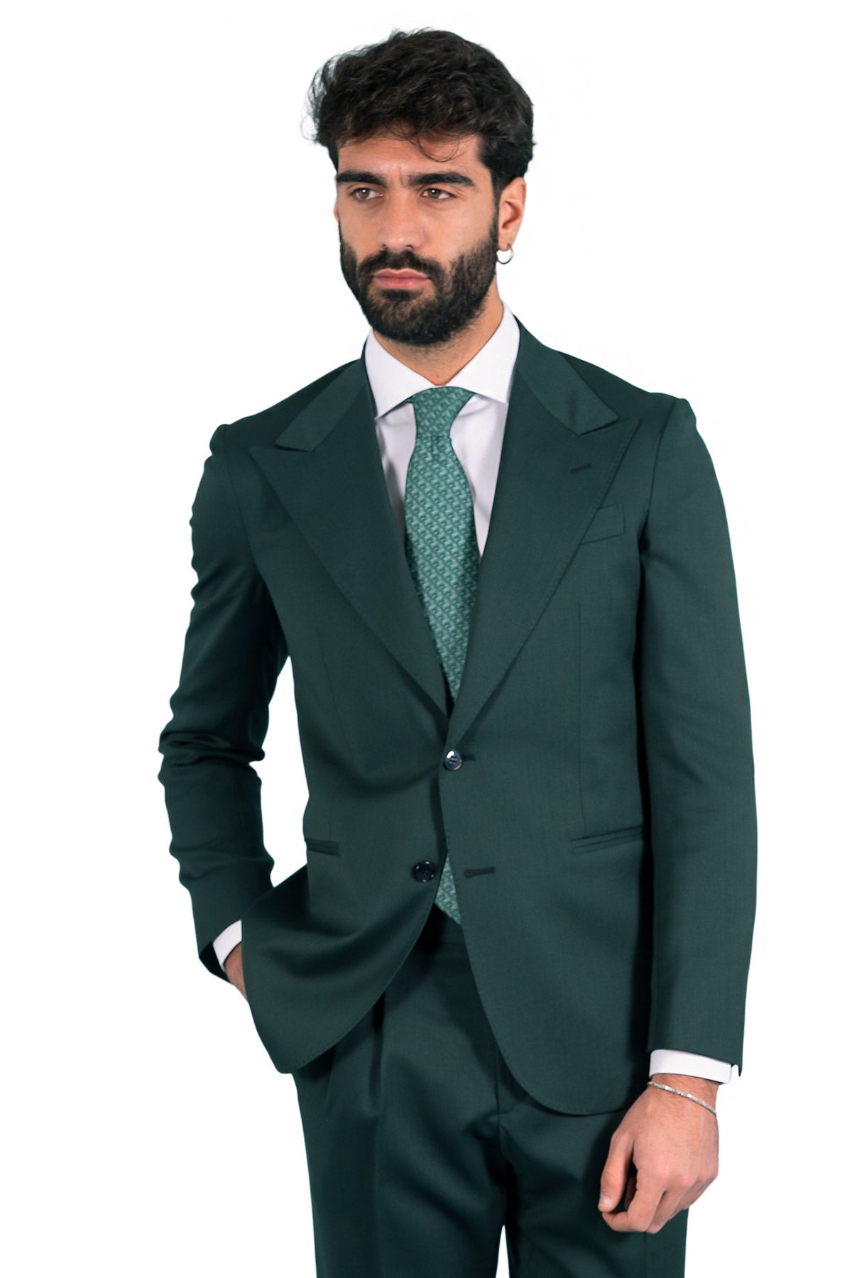 Giacca uomo monopetto verde bottiglia fresco lana super 130's Bristol Tessuti Rever a lancia