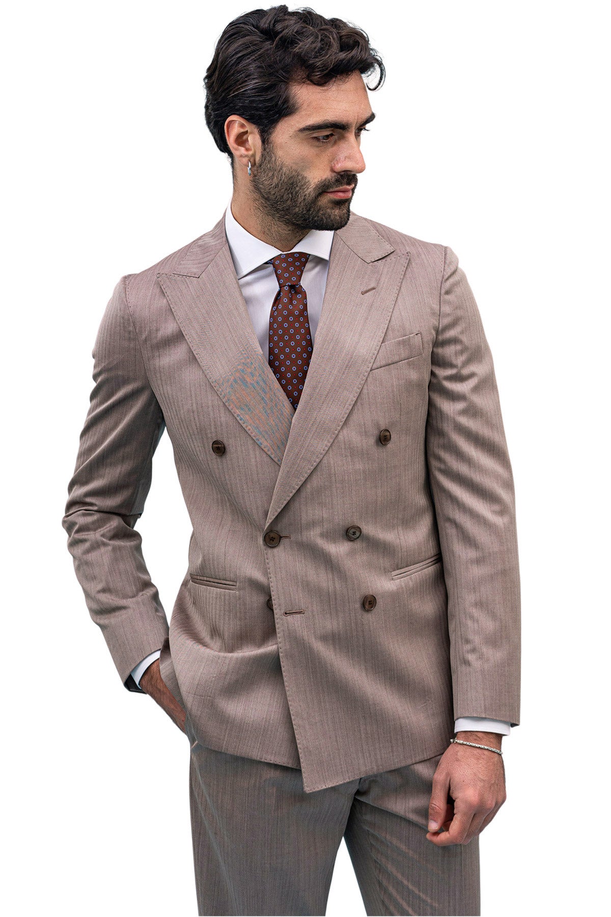 Giacca uomo Doppiopetto Tortora Solaro fresco lana super 100's e seta Holland & Sherry Rever a lancia