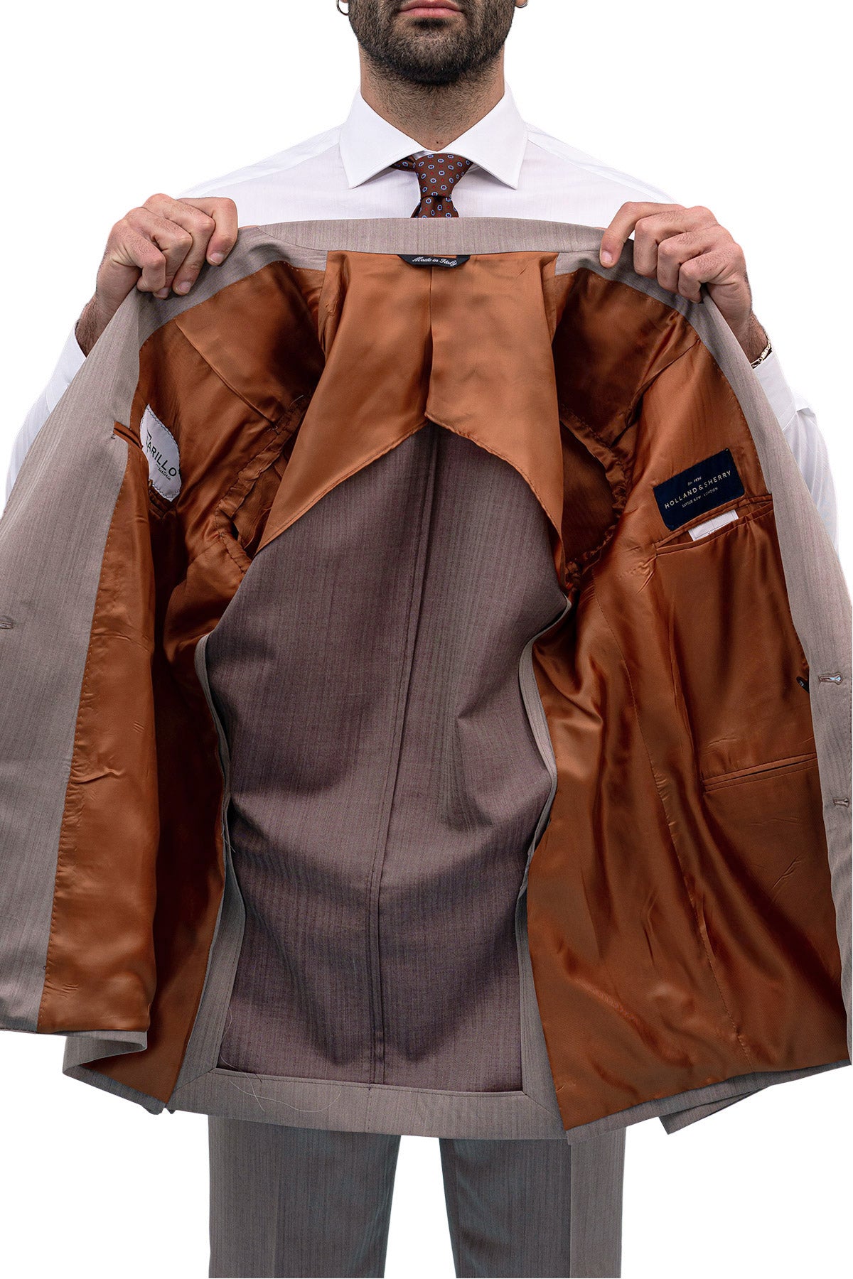 Giacca uomo Doppiopetto Tortora Solaro fresco lana super 100's e seta Holland & Sherry Rever a lancia