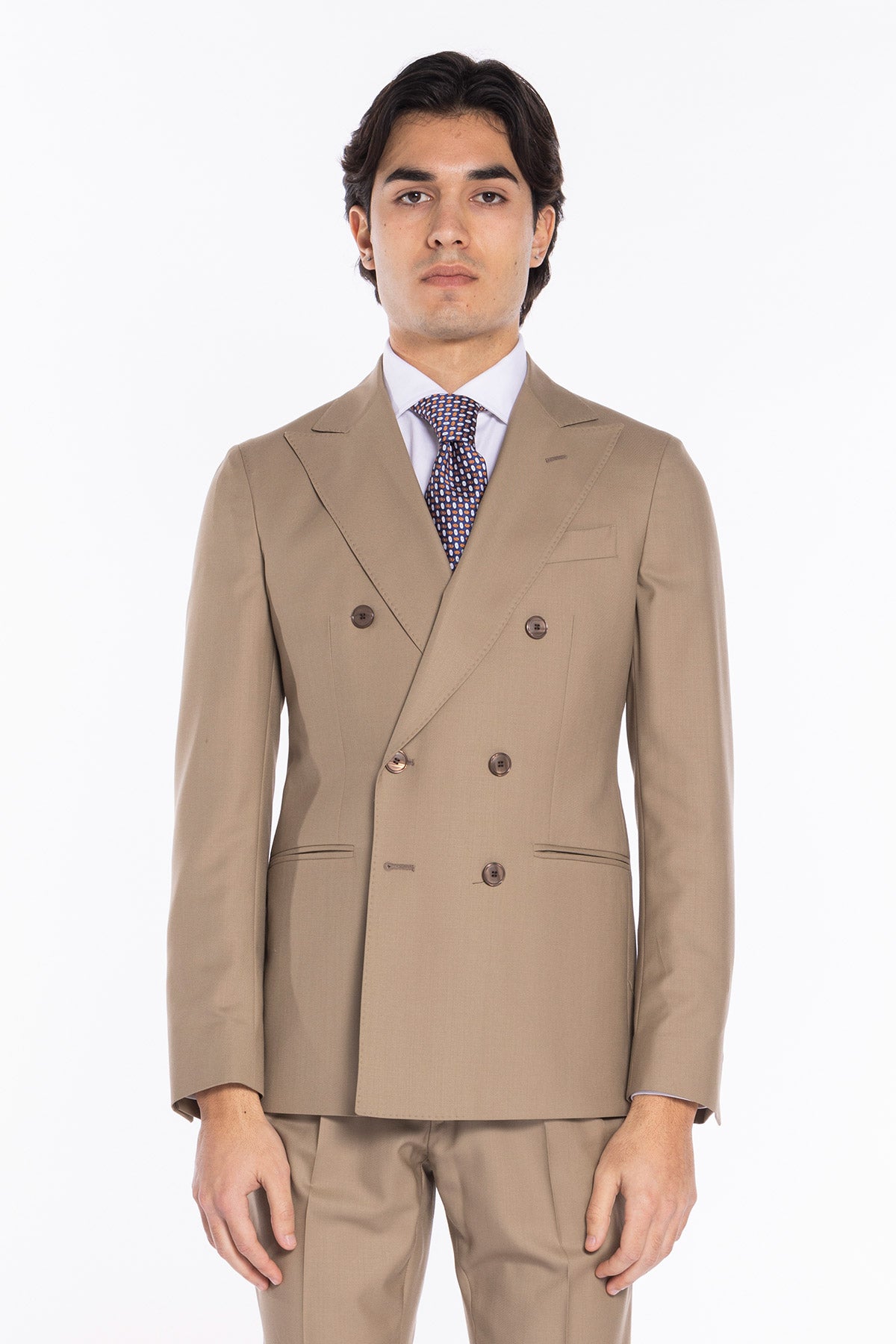 Giacca uomo Doppiopetto Beige fresco lana super 140's Holland & Sherry Rever a lancia
