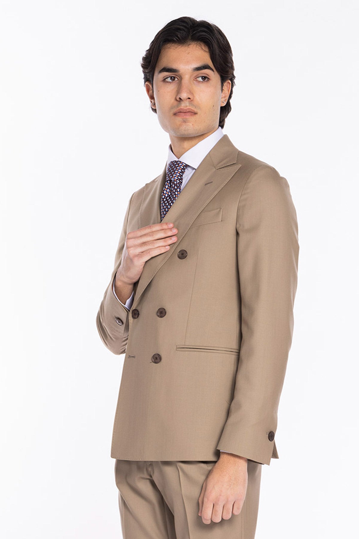 Giacca uomo Doppiopetto Beige fresco lana super 140's Holland & Sherry Rever a lancia