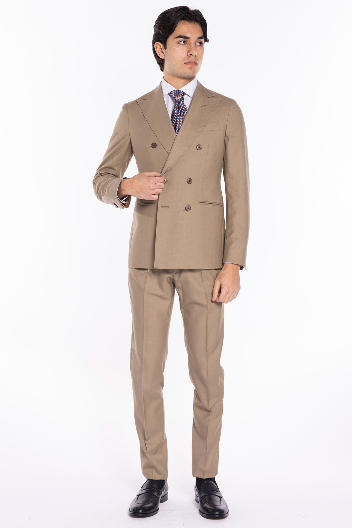 Giacca uomo Doppiopetto Beige fresco lana super 140's Holland & Sherry Rever a lancia