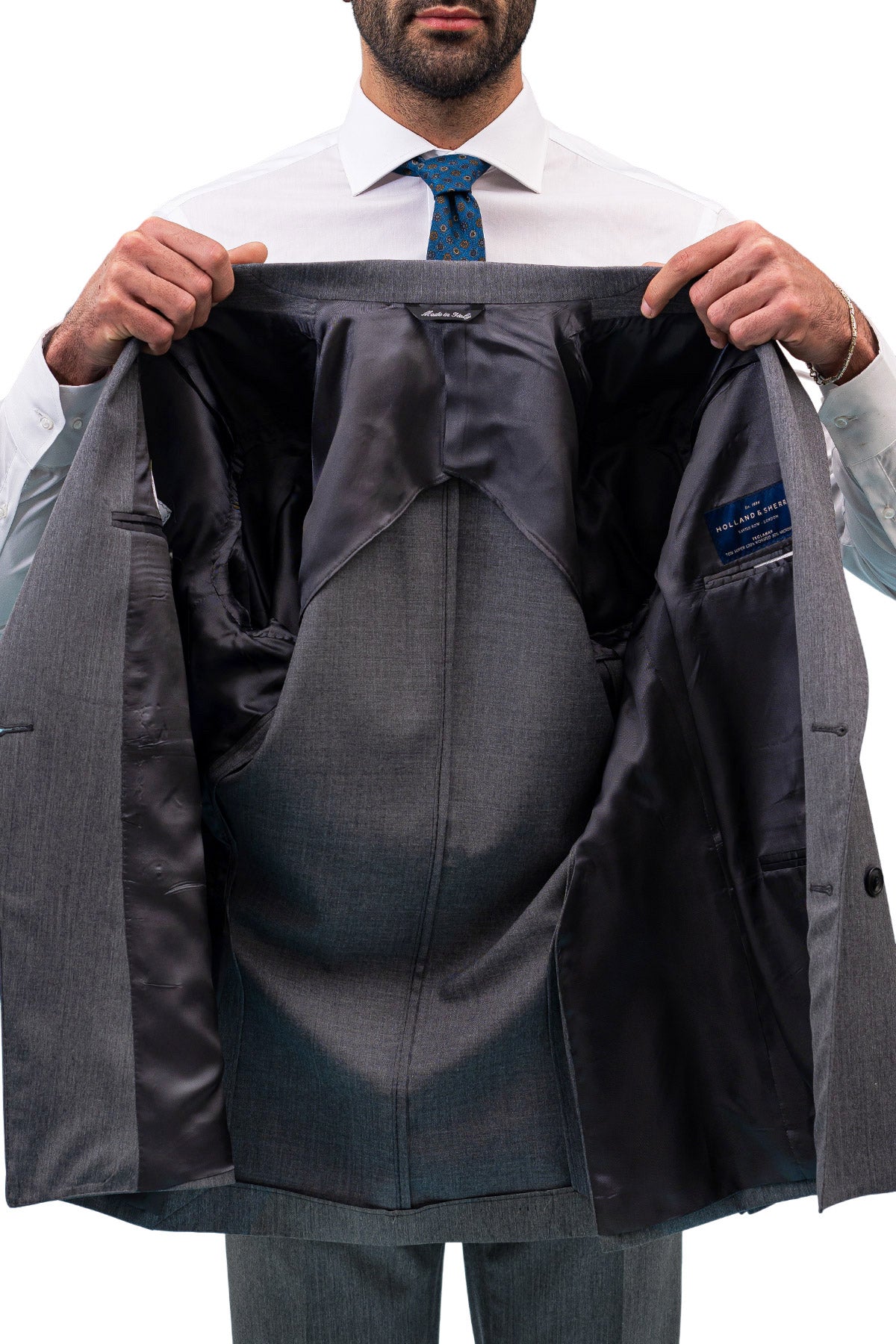 Giacca uomo doppiopetto grigio scuro fresco lana super 130's Holland & Sherry Rever a lancia