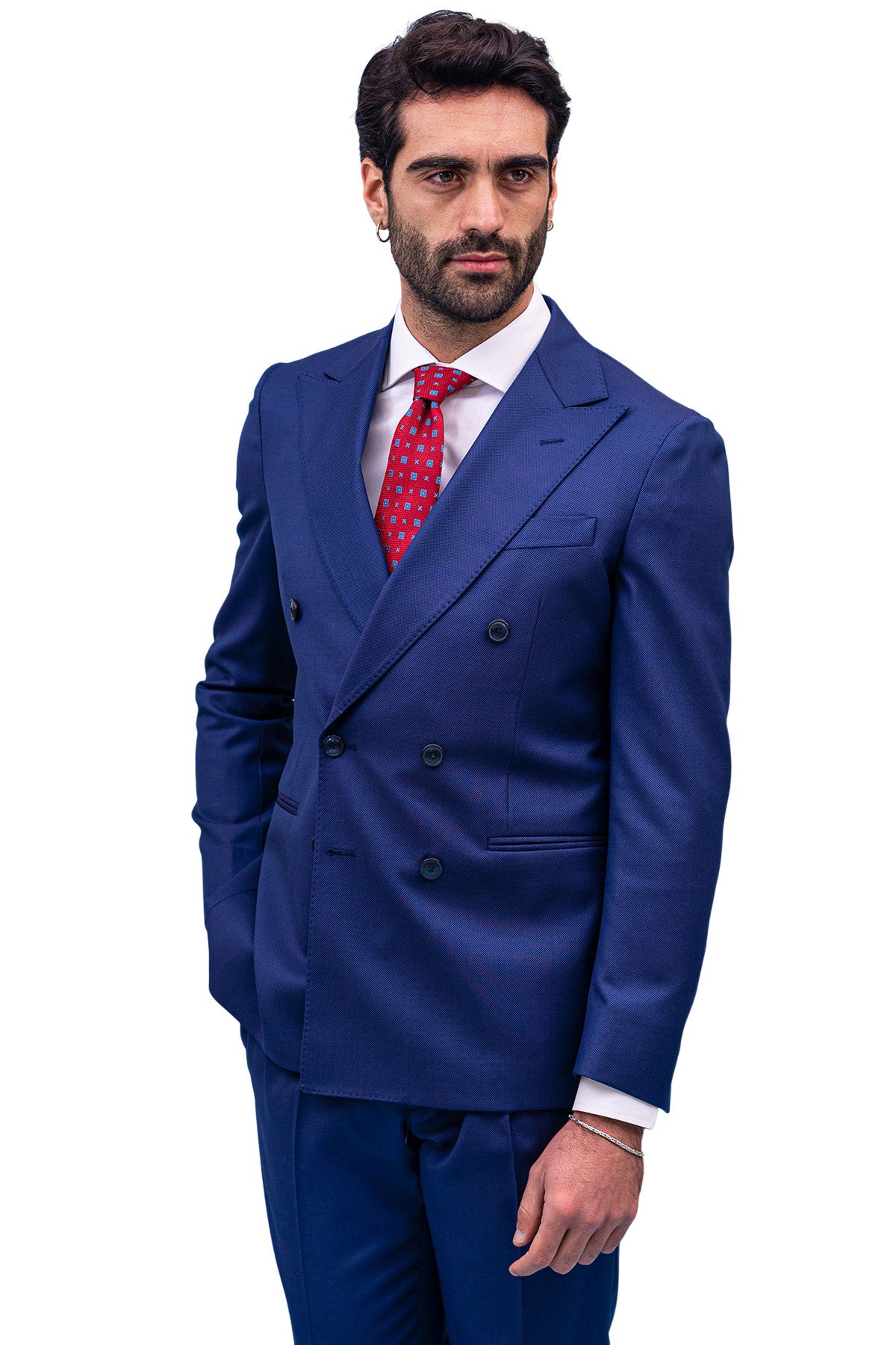 Giacca uomo Doppiopetto navy blu nido d'ape fresco lana Bristol Tessuti Rever a lancia