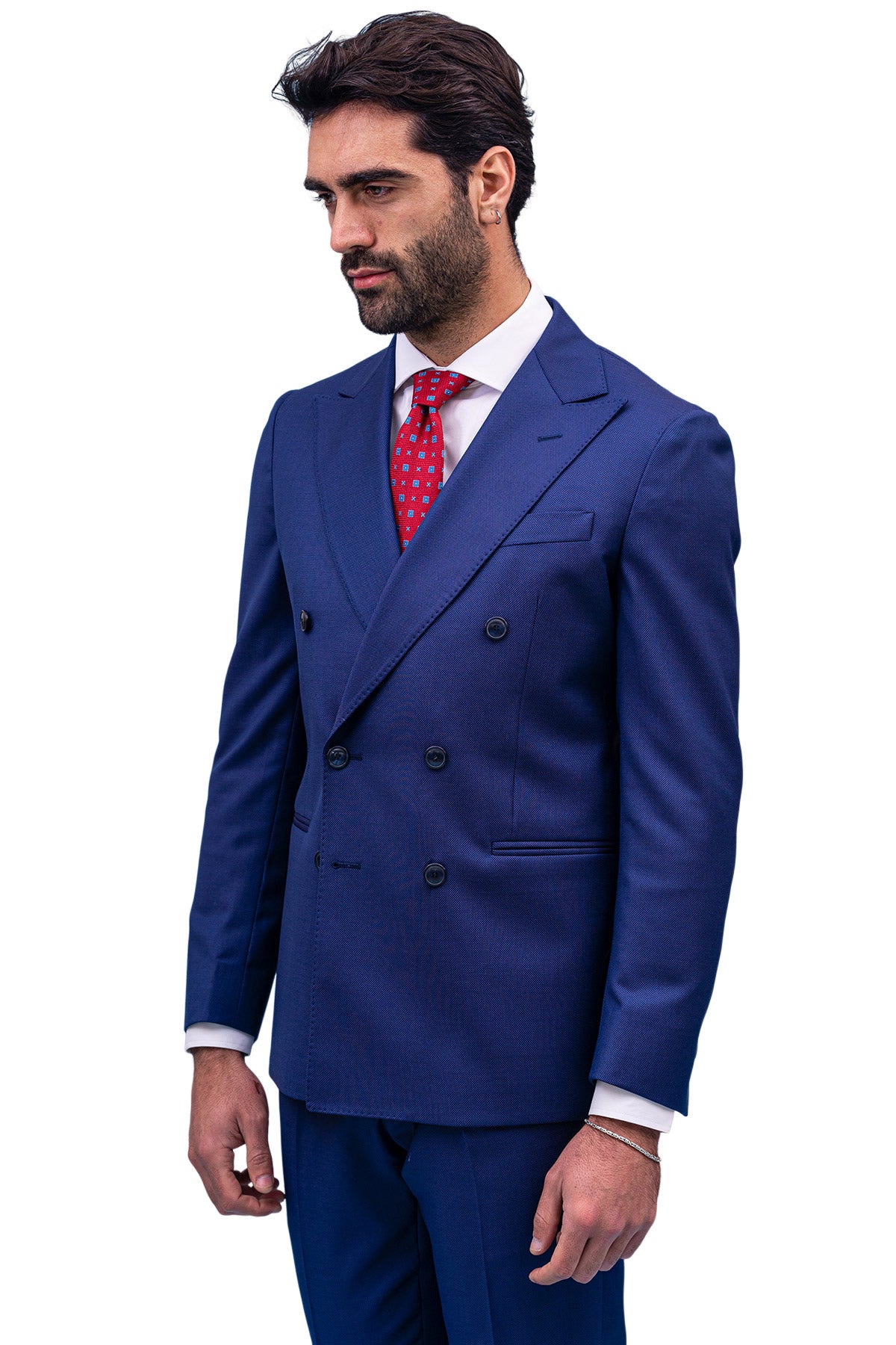 Giacca uomo Doppiopetto navy blu nido d'ape fresco lana Bristol Tessuti Rever a lancia