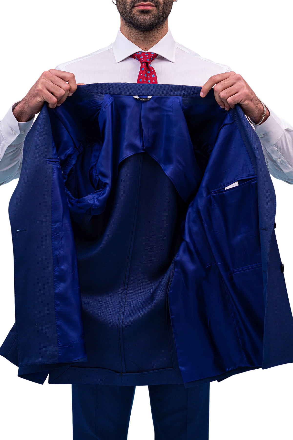 Giacca uomo Doppiopetto navy blu nido d'ape fresco lana Bristol Tessuti Rever a lancia