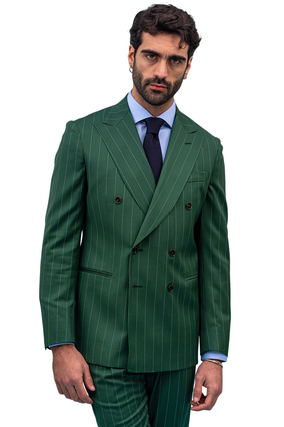 Giacca uomo Doppiopetto Verde fantasia gessata celeste fresco lana super 130's Bristol Tessuti Rever a lancia