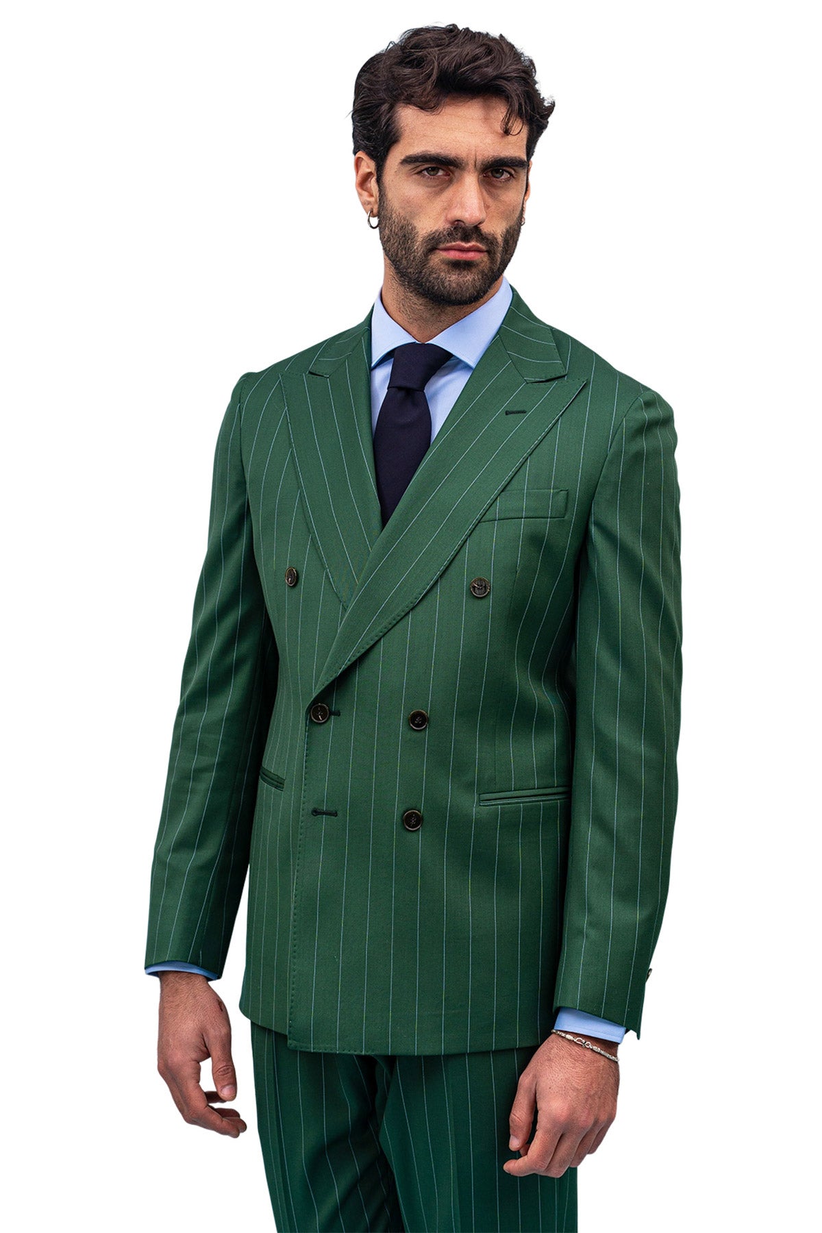 Giacca uomo Doppiopetto Verde fantasia gessata celeste fresco lana super 130's Bristol Tessuti Rever a lancia