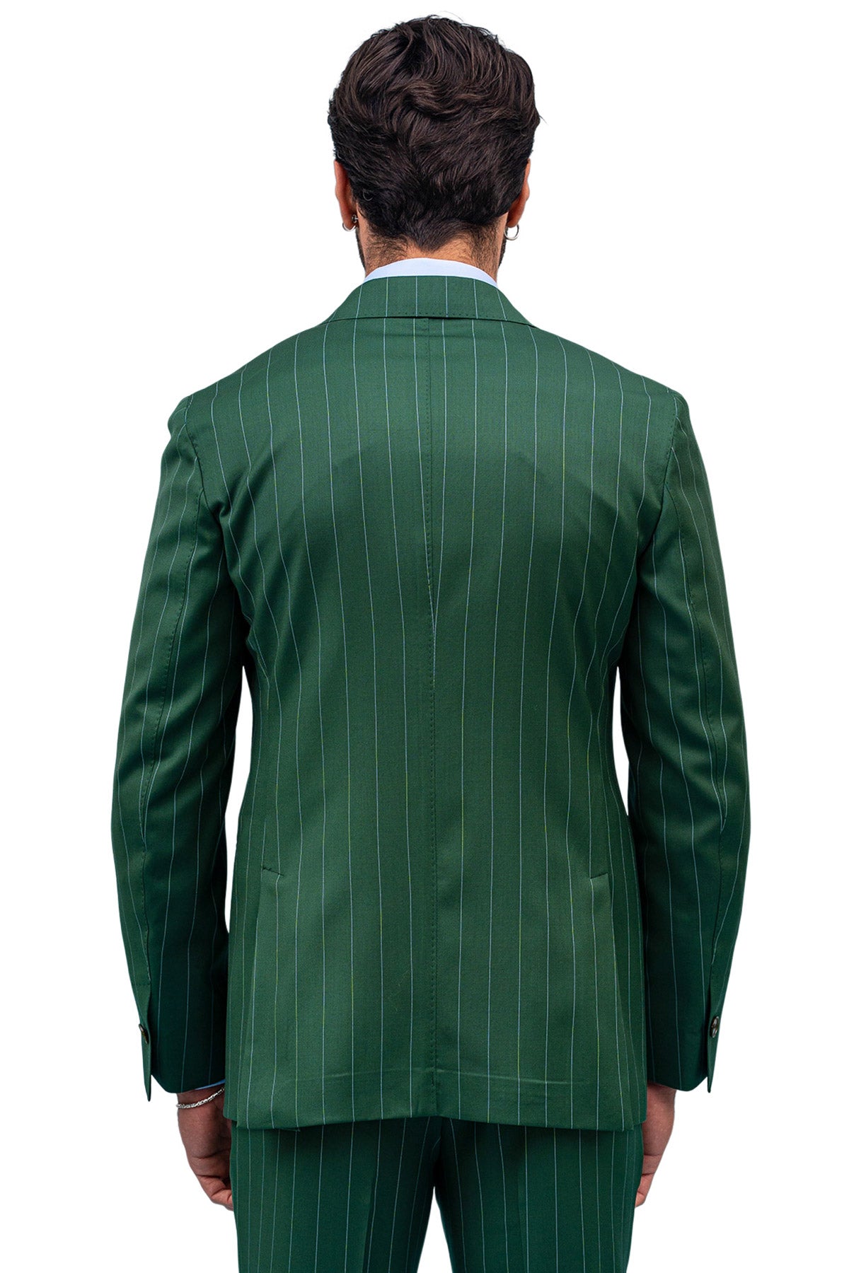 Giacca uomo Doppiopetto Verde fantasia gessata celeste fresco lana super 130's Bristol Tessuti Rever a lancia