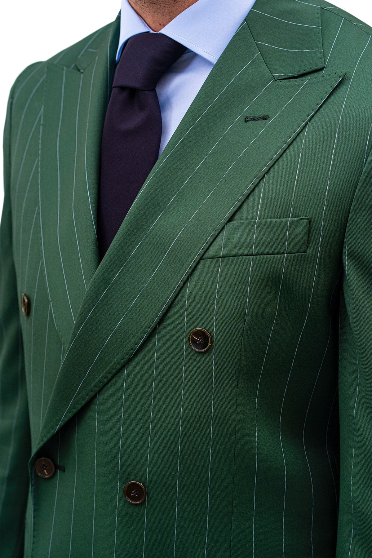 Giacca uomo Doppiopetto Verde fantasia gessata celeste fresco lana super 130's Bristol Tessuti Rever a lancia