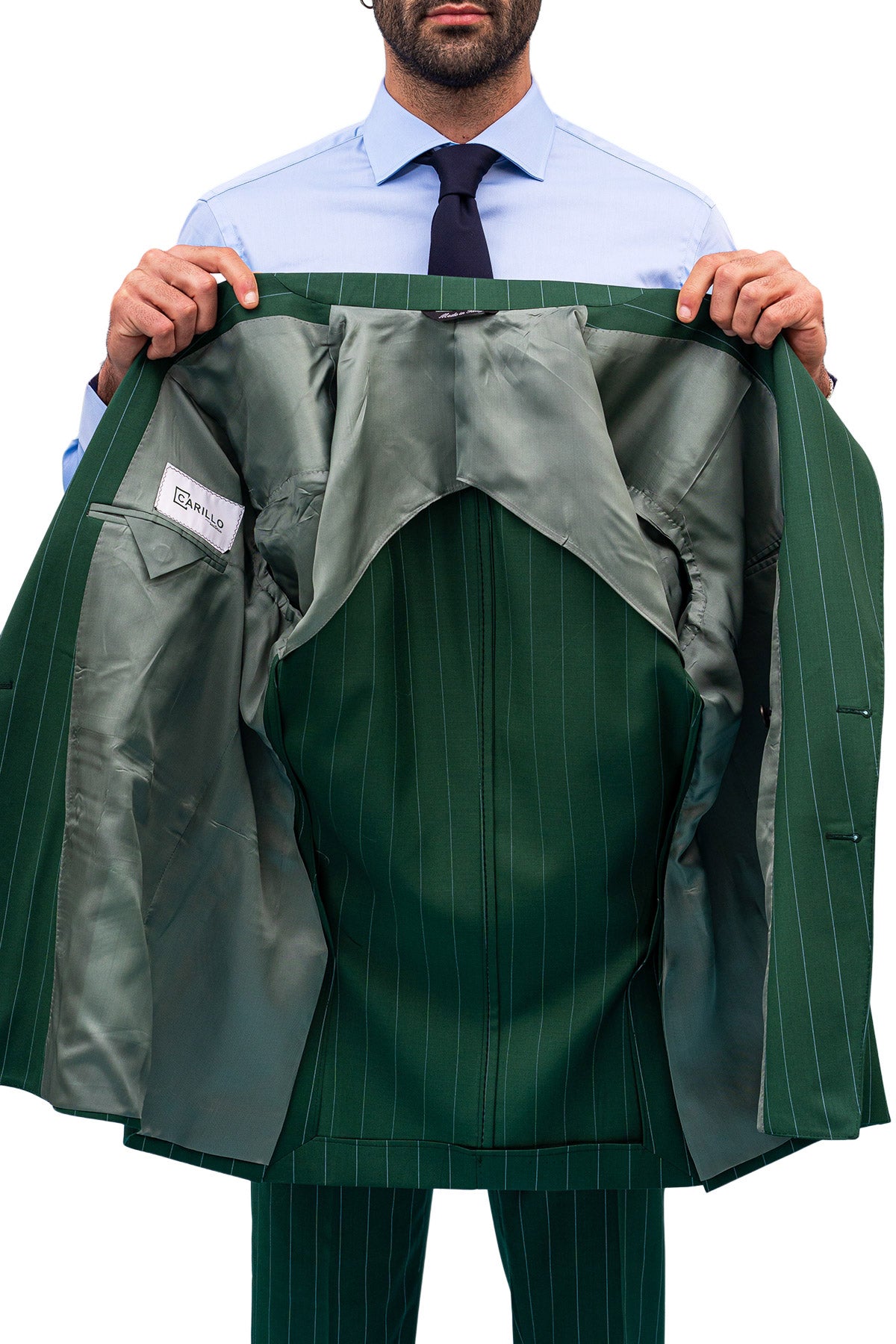 Giacca uomo Doppiopetto Verde fantasia gessata celeste fresco lana super 130's Bristol Tessuti Rever a lancia