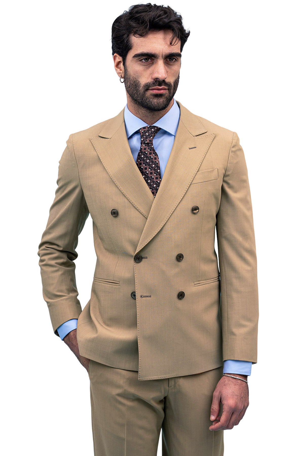 Giacca uomo Doppiopetto beige fresco lana mista Rever a lancia