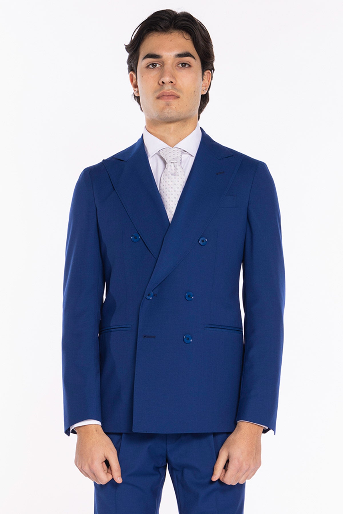Giacca uomo Doppiopetto Royal blu fresco lana mista Rever a lancia