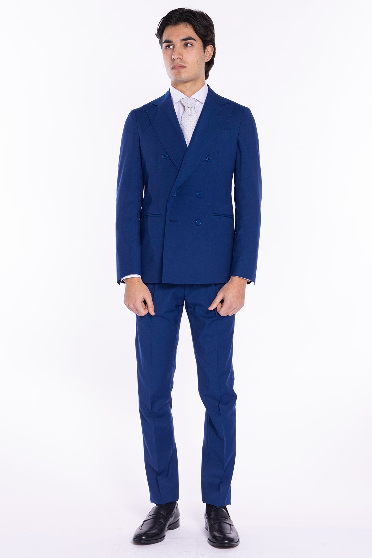 Giacca uomo Doppiopetto Royal blu fresco lana mista Rever a lancia