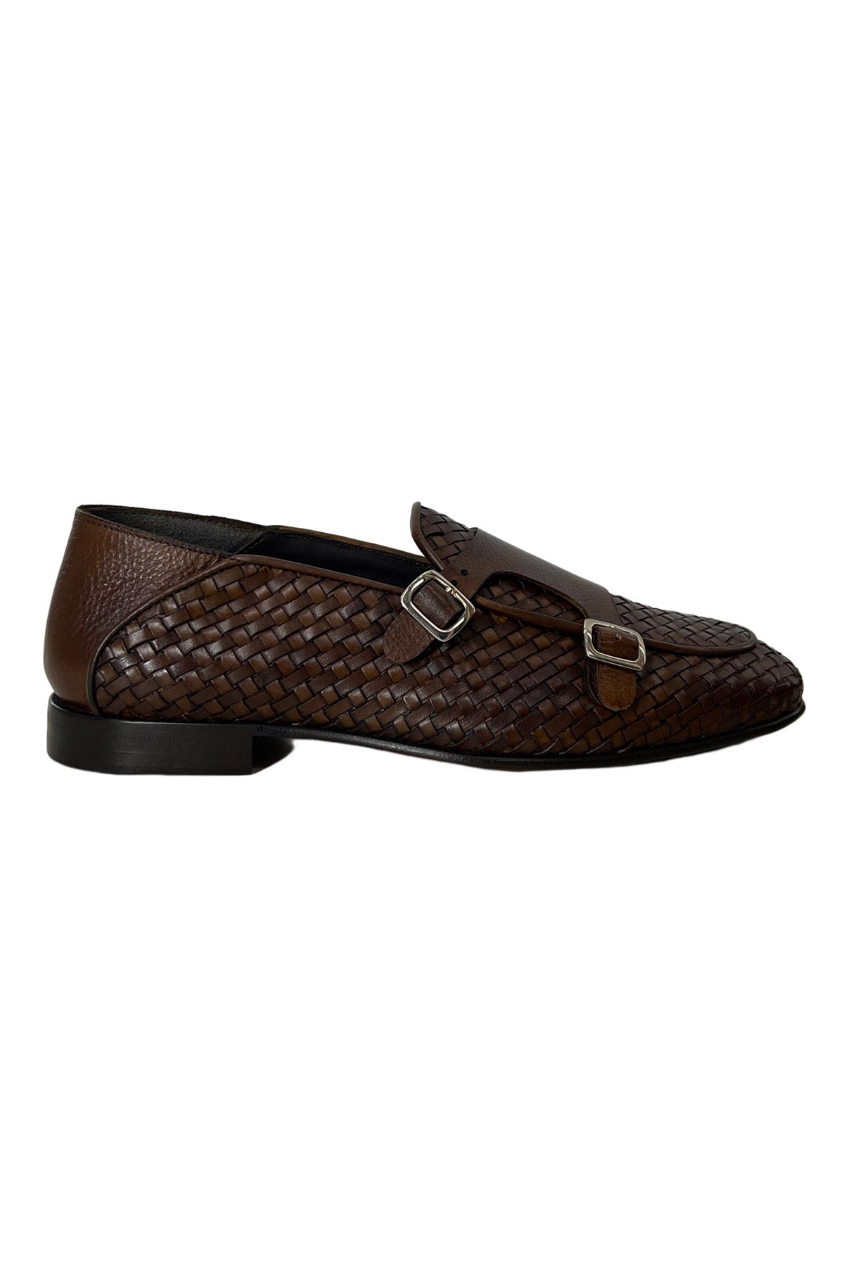 Mocassini uomo marroni in vera pelle intrecciata con doppia fibbia e suola in cuoio made in italy