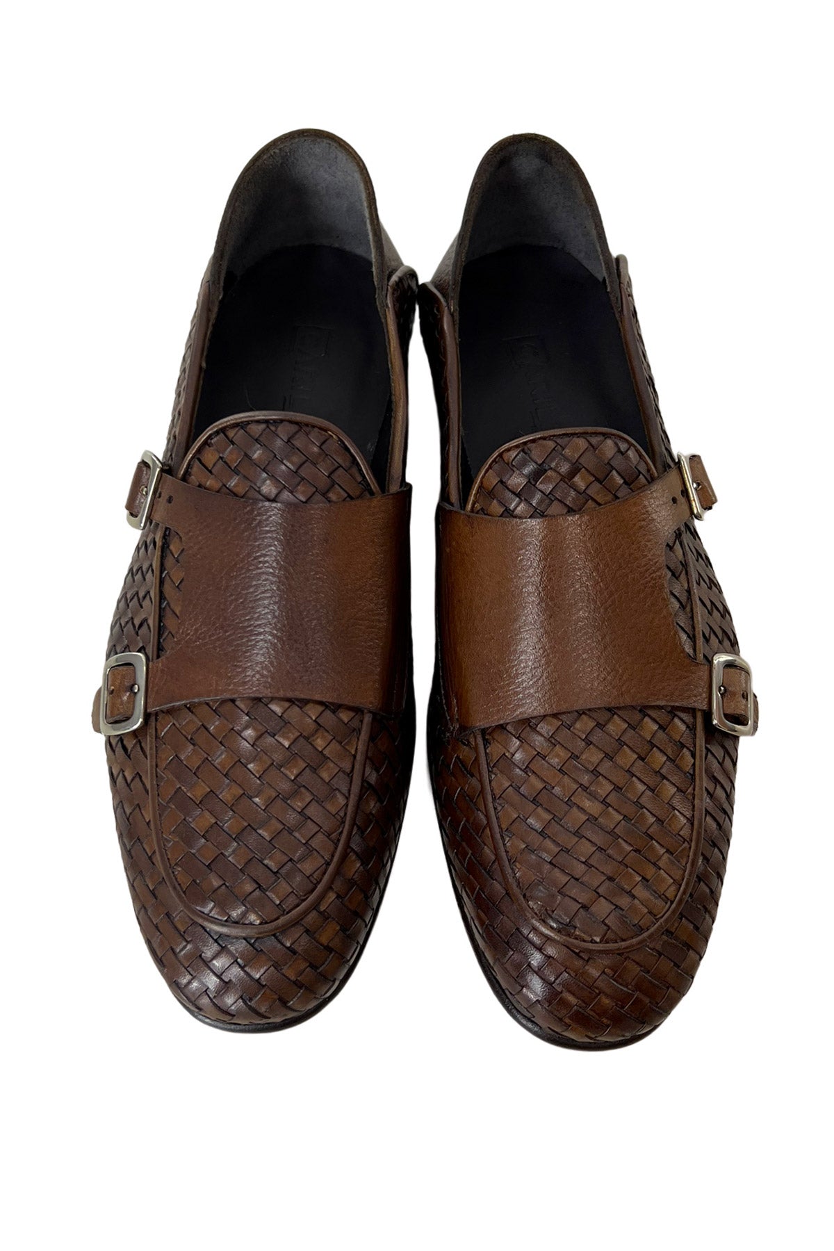 Mocassini uomo marroni in vera pelle intrecciata con doppia fibbia e suola in cuoio made in italy