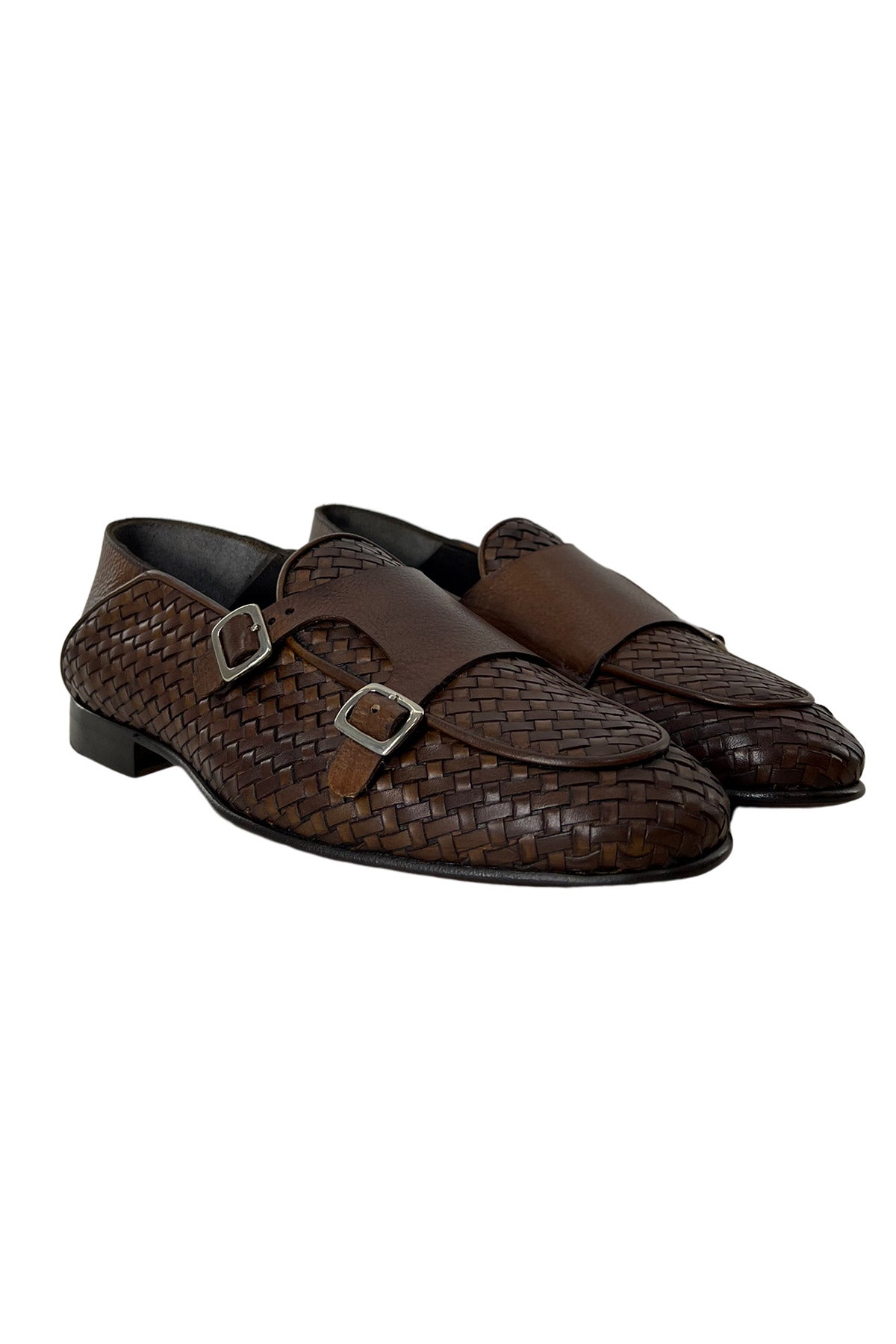 Mocassini uomo marroni in vera pelle intrecciata con doppia fibbia e suola in cuoio made in italy
