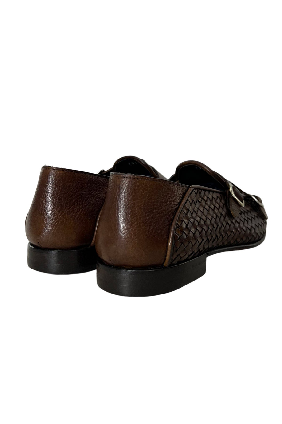 Mocassini uomo marroni in vera pelle intrecciata con doppia fibbia e suola in cuoio made in italy