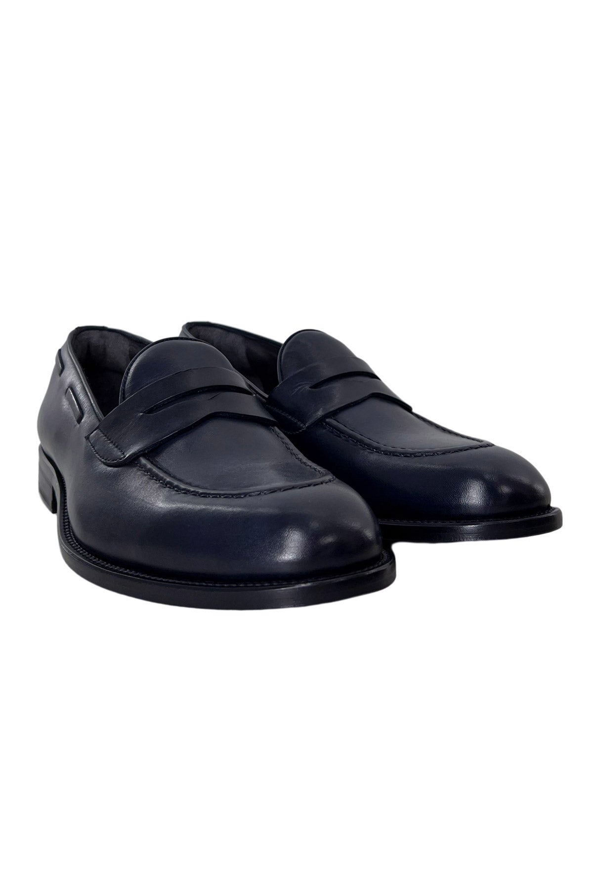 Mocassini uomo blu in vera pelle modello college e suola in cuoio made in italy