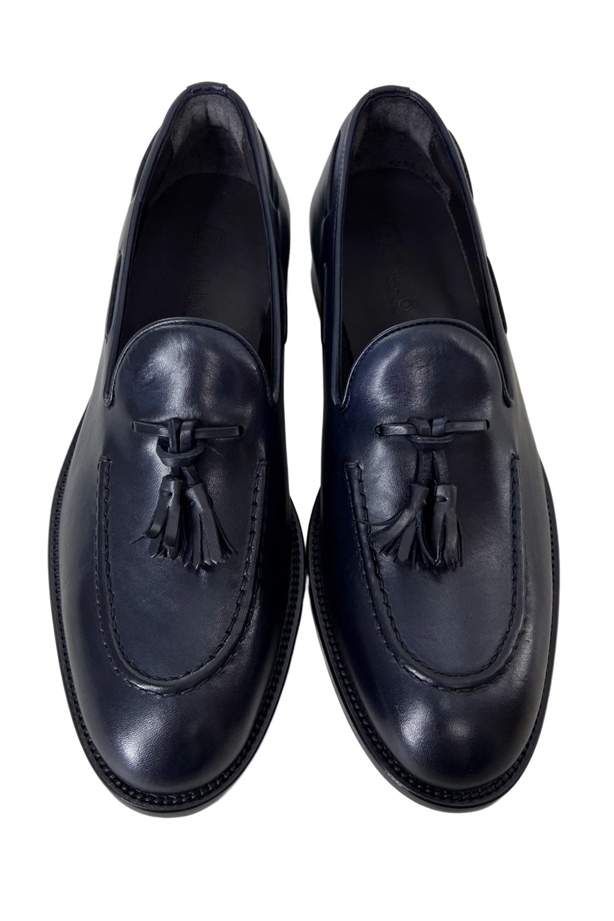Mocassini uomo blu in vera pelle con nappine e suola in cuoio made in italy