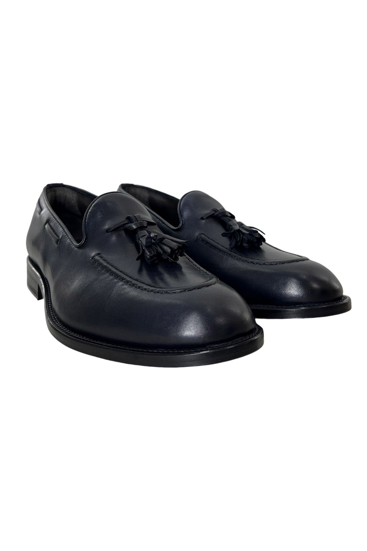 Mocassini uomo blu in vera pelle con nappine e suola in cuoio made in italy