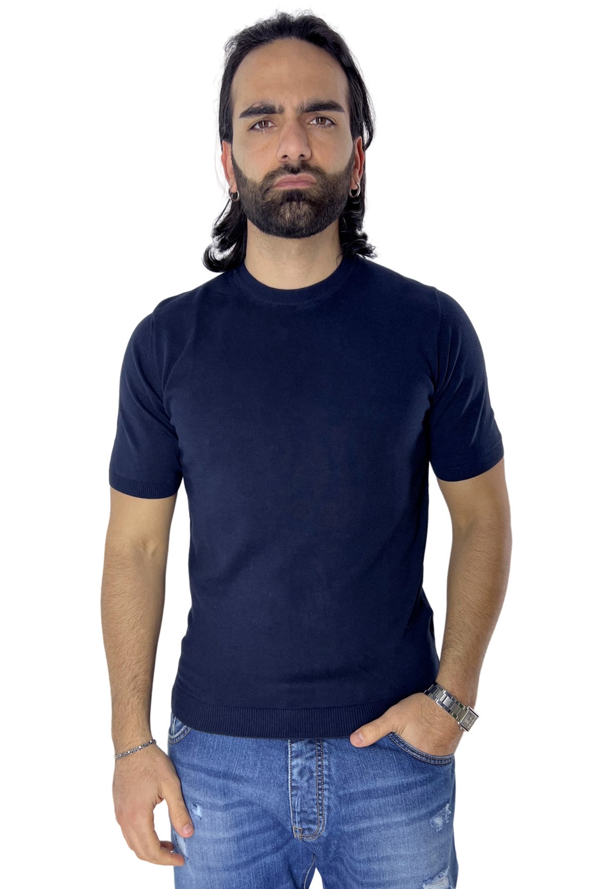 Maglioncino da uomo navy blu mezze maniche 100% cotone di filo finezza 14 tinta unita