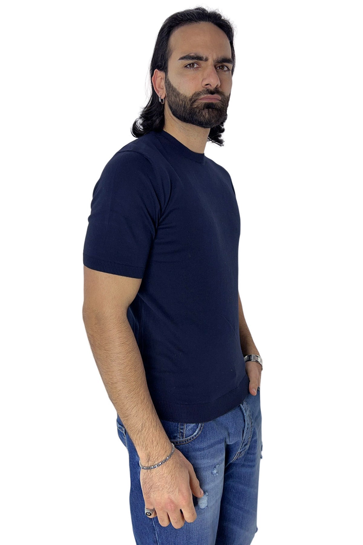 Maglioncino da uomo navy blu mezze maniche 100% cotone di filo finezza 14 tinta unita